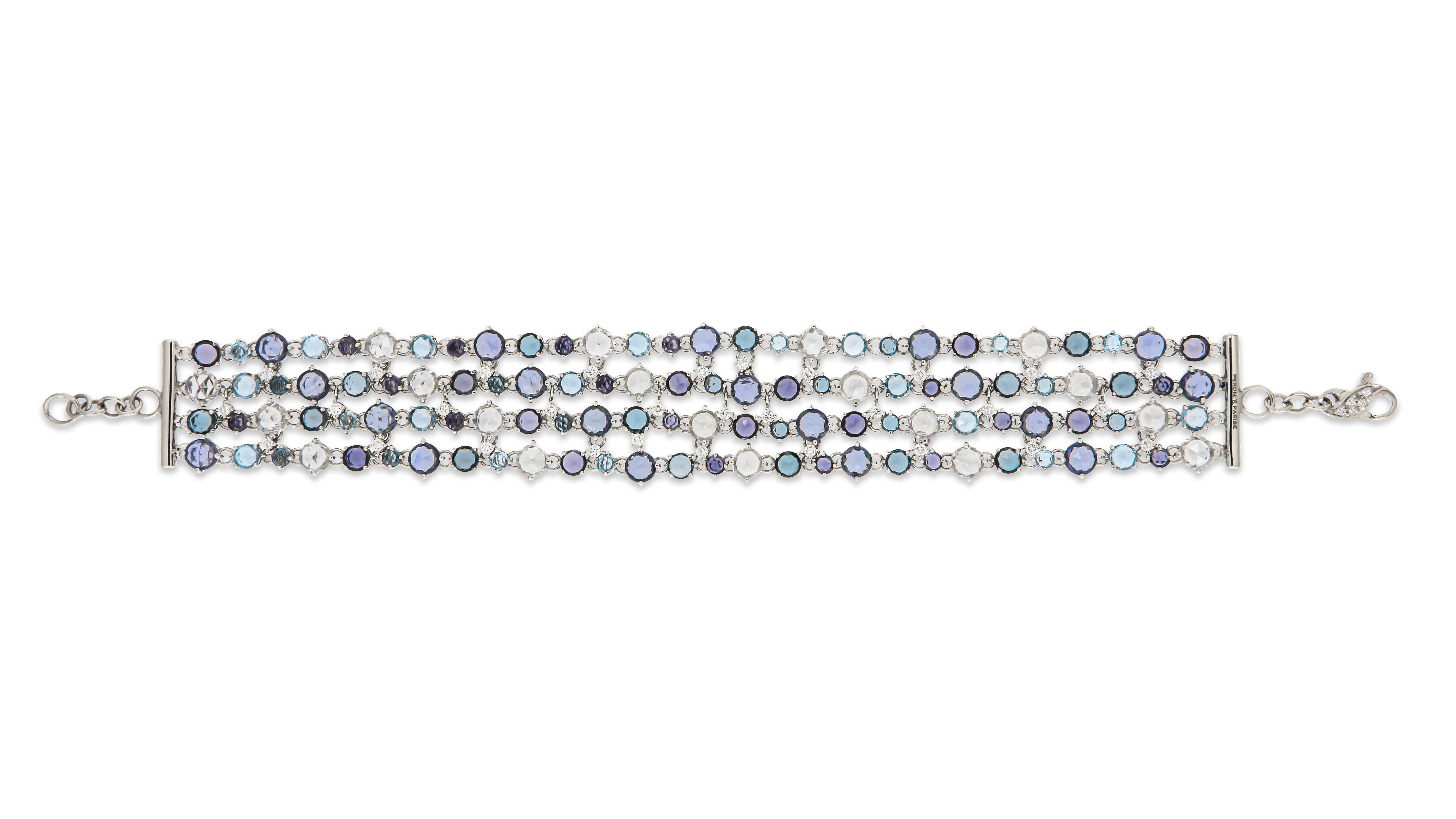 Italienisches 18 Karat Gold-Armband mit italienischem Topas, blauen, weißen Saphiren und Diamanten, 5 Reihen (Moderne) im Angebot
