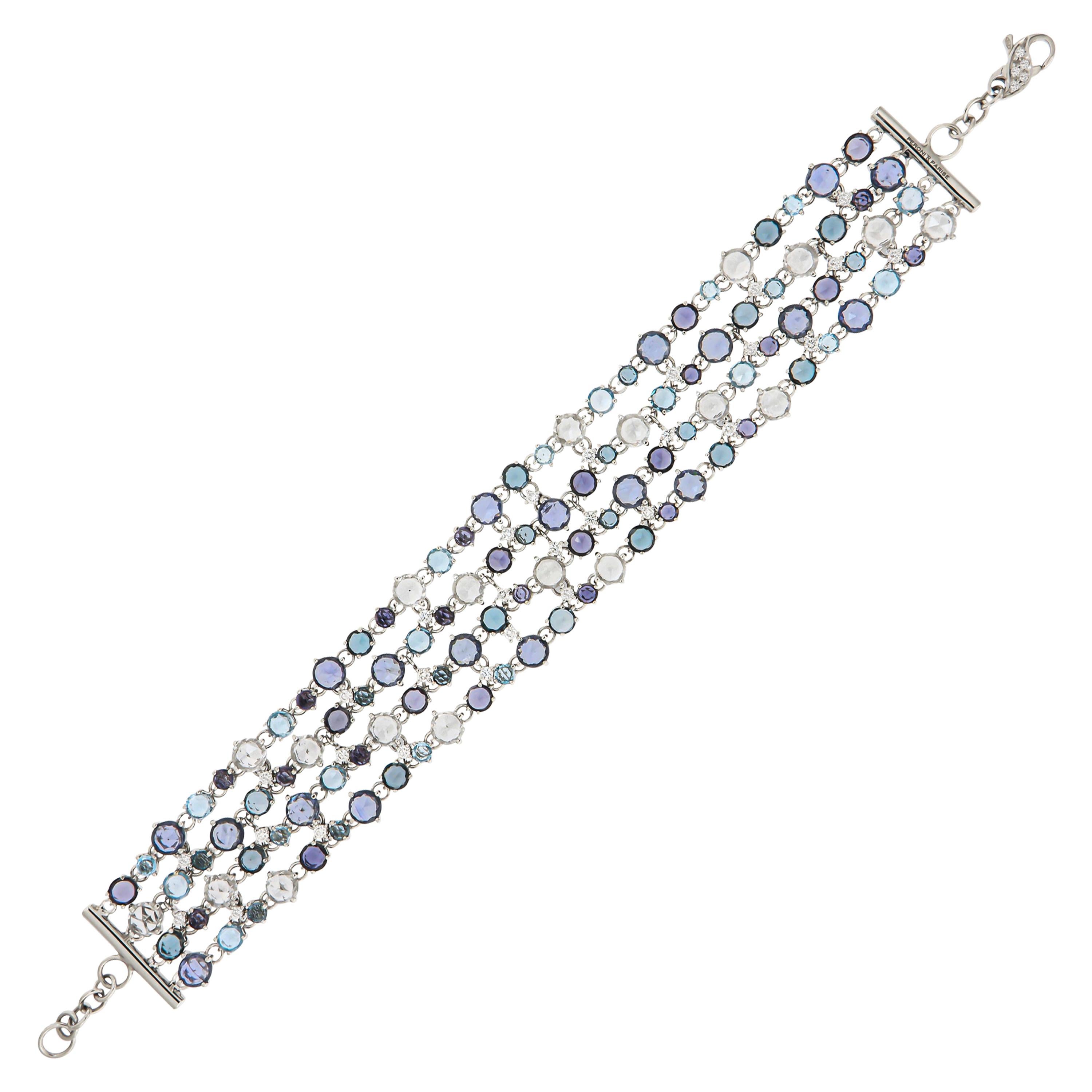 Bracelet italien en or blanc 18 carats à 5 rangées de topazes, de saphirs bleus et blancs et de diamants pour elle
