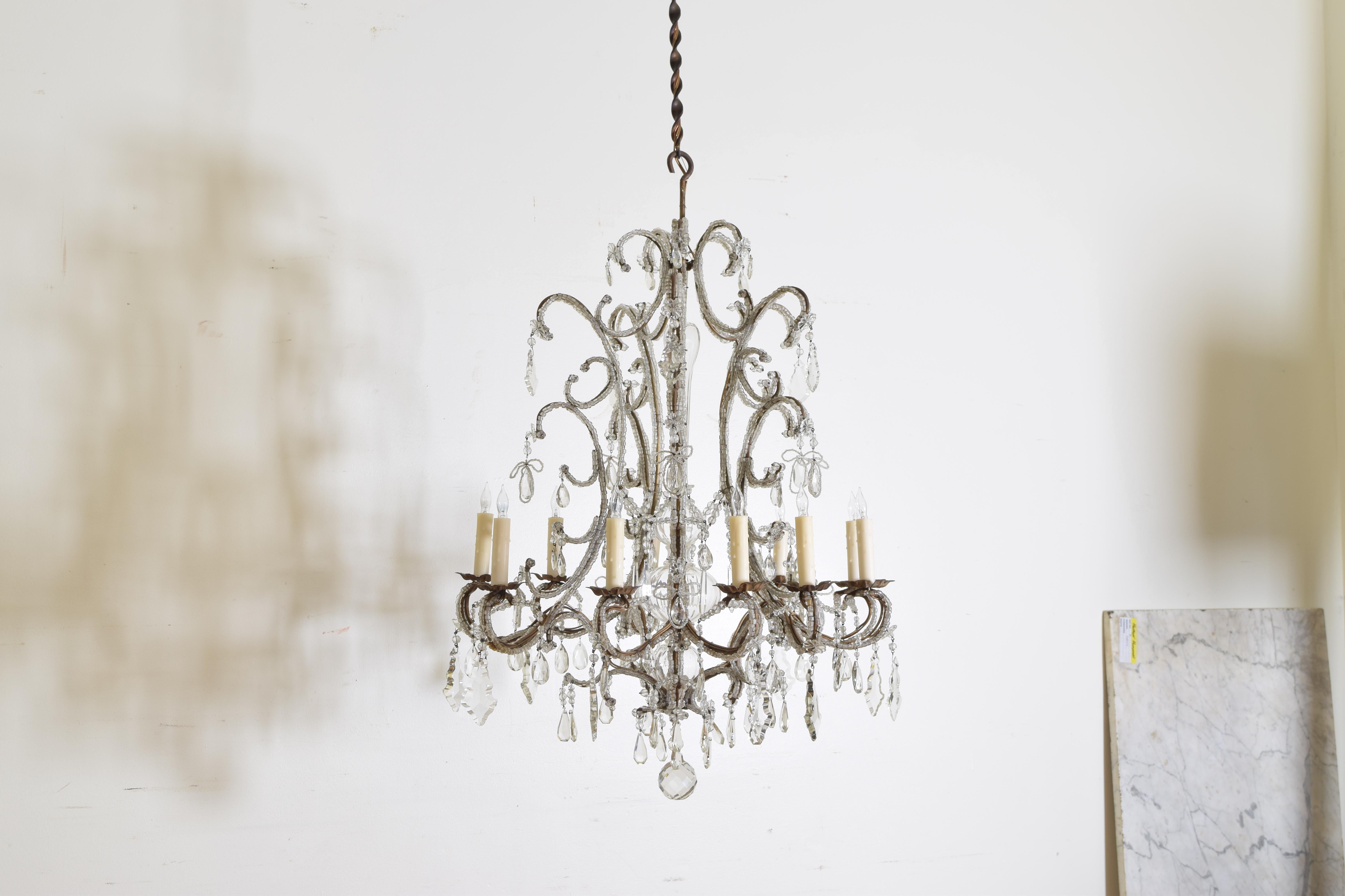 Mid-19th Century Italian Torino Gilt Iron Metal and Blown Glass 10-Light Chandelier, 19th Century