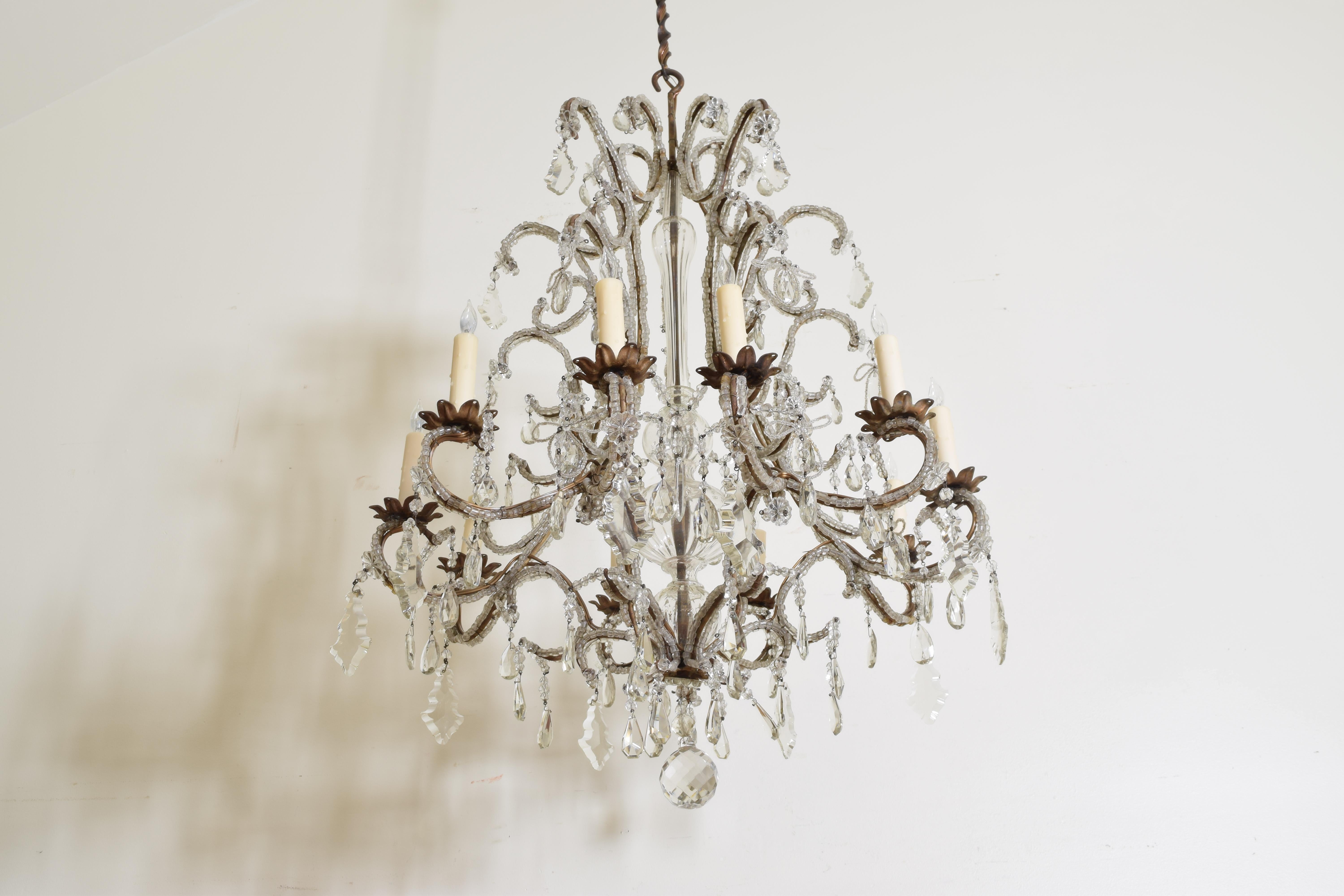 Italian Torino Gilt Iron Metal and Blown Glass 10-Light Chandelier, 19th Century 1