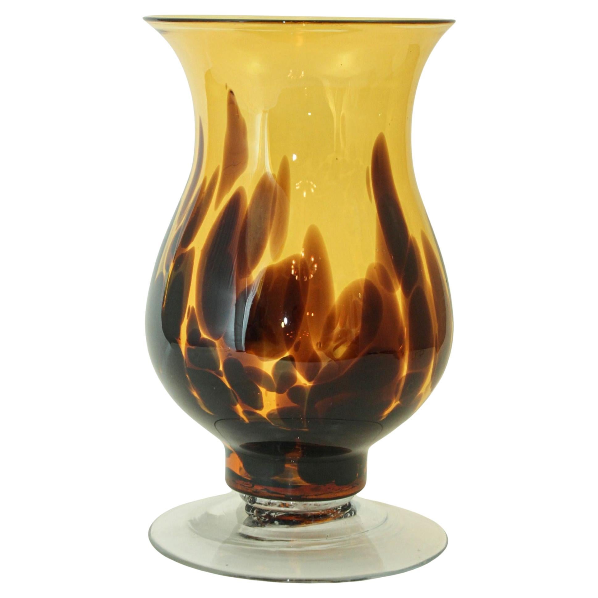 Italian Tortoise Shell Blown Art Glass Footed Vase Vintage from 1970
