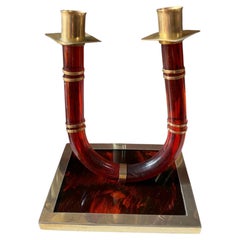 Italian Tortoiseshell Lucite and Brass Double Candlestick, 1970s