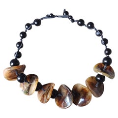Italian Tortoiseshell Onyx Resin Hand Knotted Statement Strand Necklace 1990