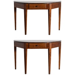 Italian, Toscana, Pair Walnut 1-Drawer Demilune Console Tables, 2ndq. 19th cen.