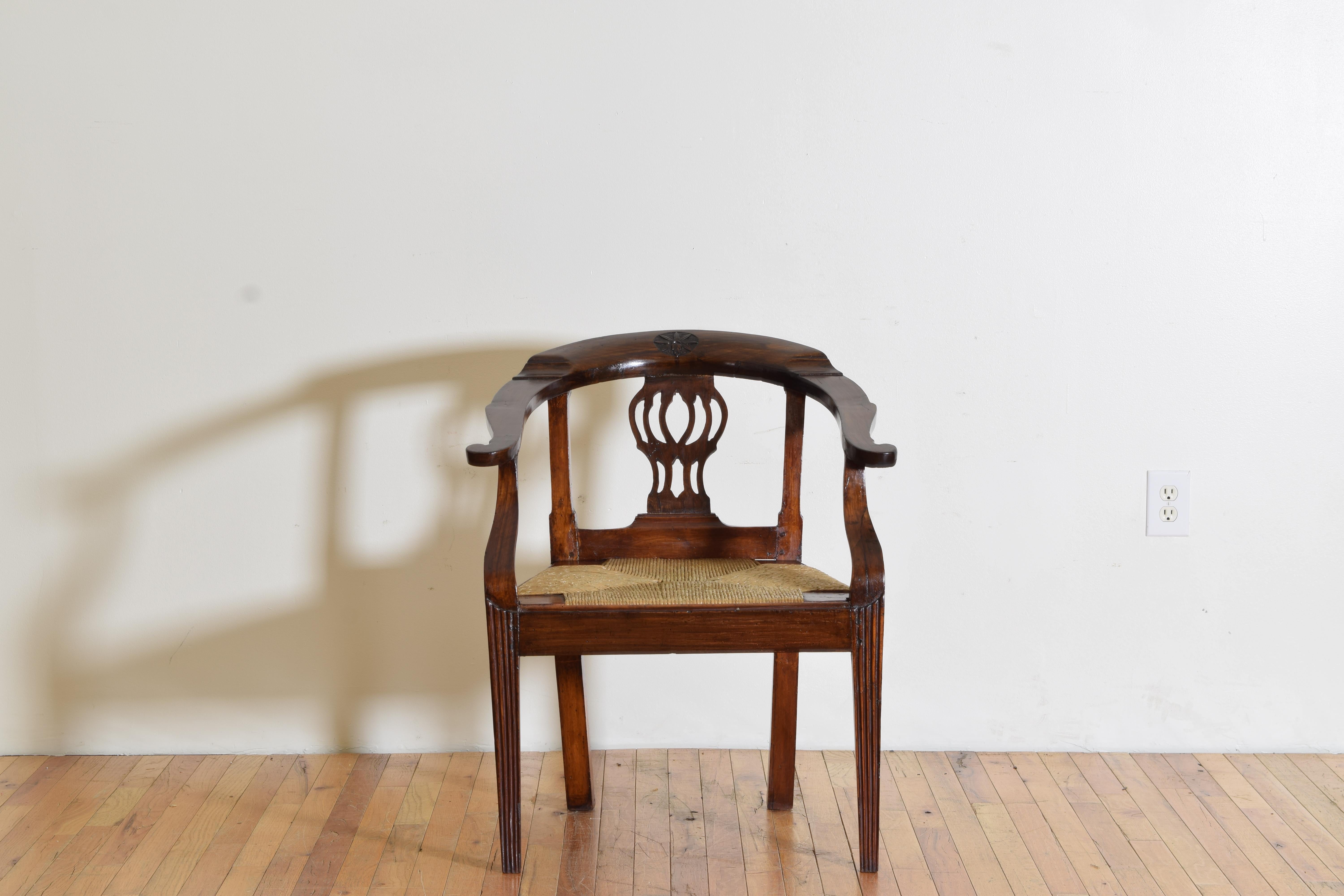 Neoclassical Italian, Toscana, Shaped & Carved Walnut Open Armchair, Rush Seat, late 18th cen For Sale
