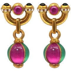 Italian Tourmaline Drop 18 Karat Gold Earrings with Sapphire and Peridot