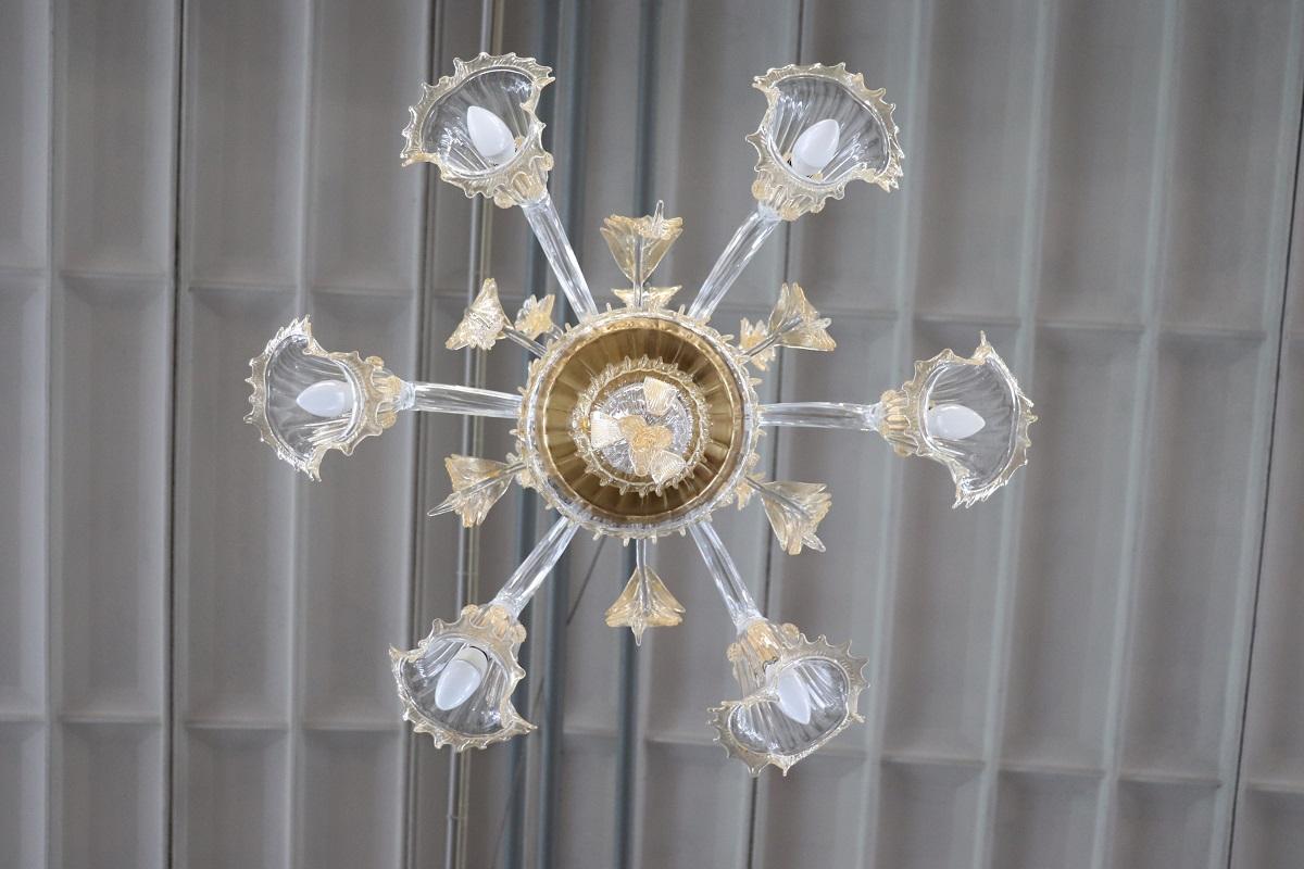 Vetro di Murano Lampadario italiano in vetro di Murano trasparente con 6 lampadine firmato La Murrina in vendita