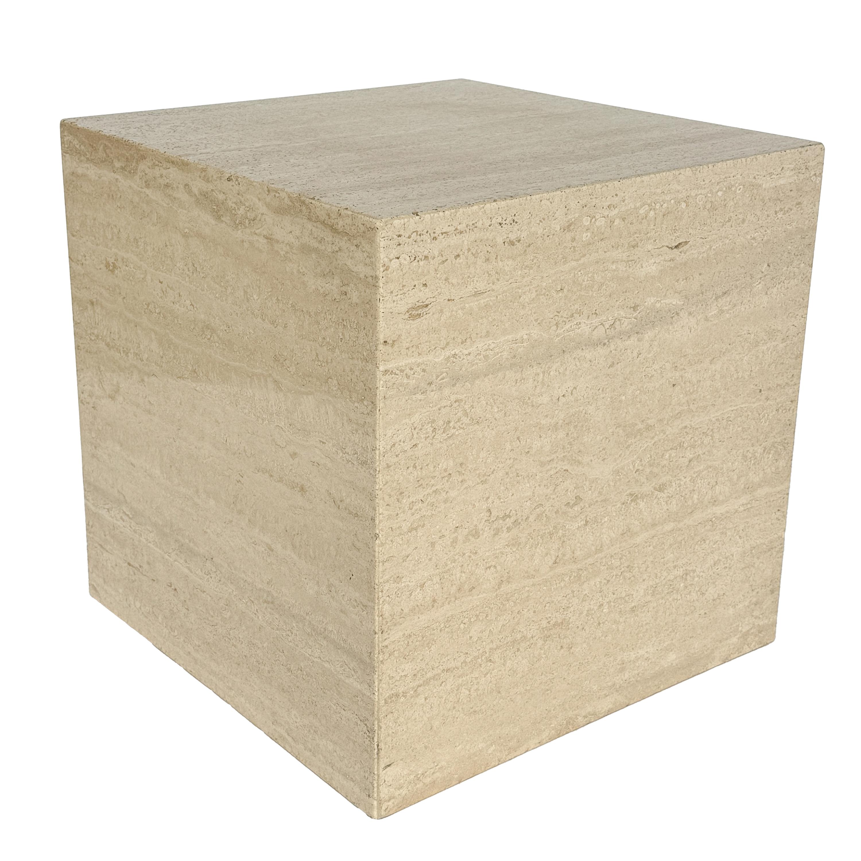 Italian Travertine 16 Inch Cube Side Table In Good Condition In Chicago, IL
