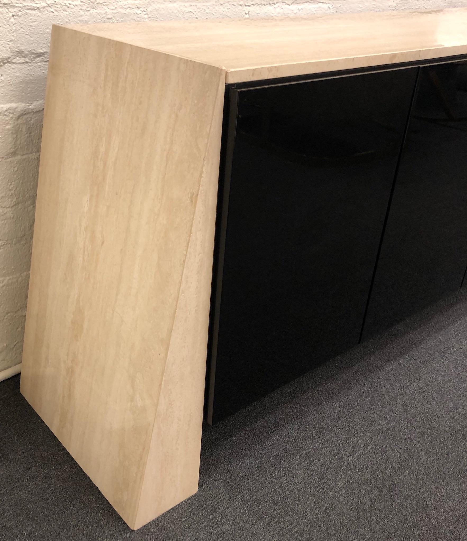 Polished Italian Travertine and Black Lacquered Credenza