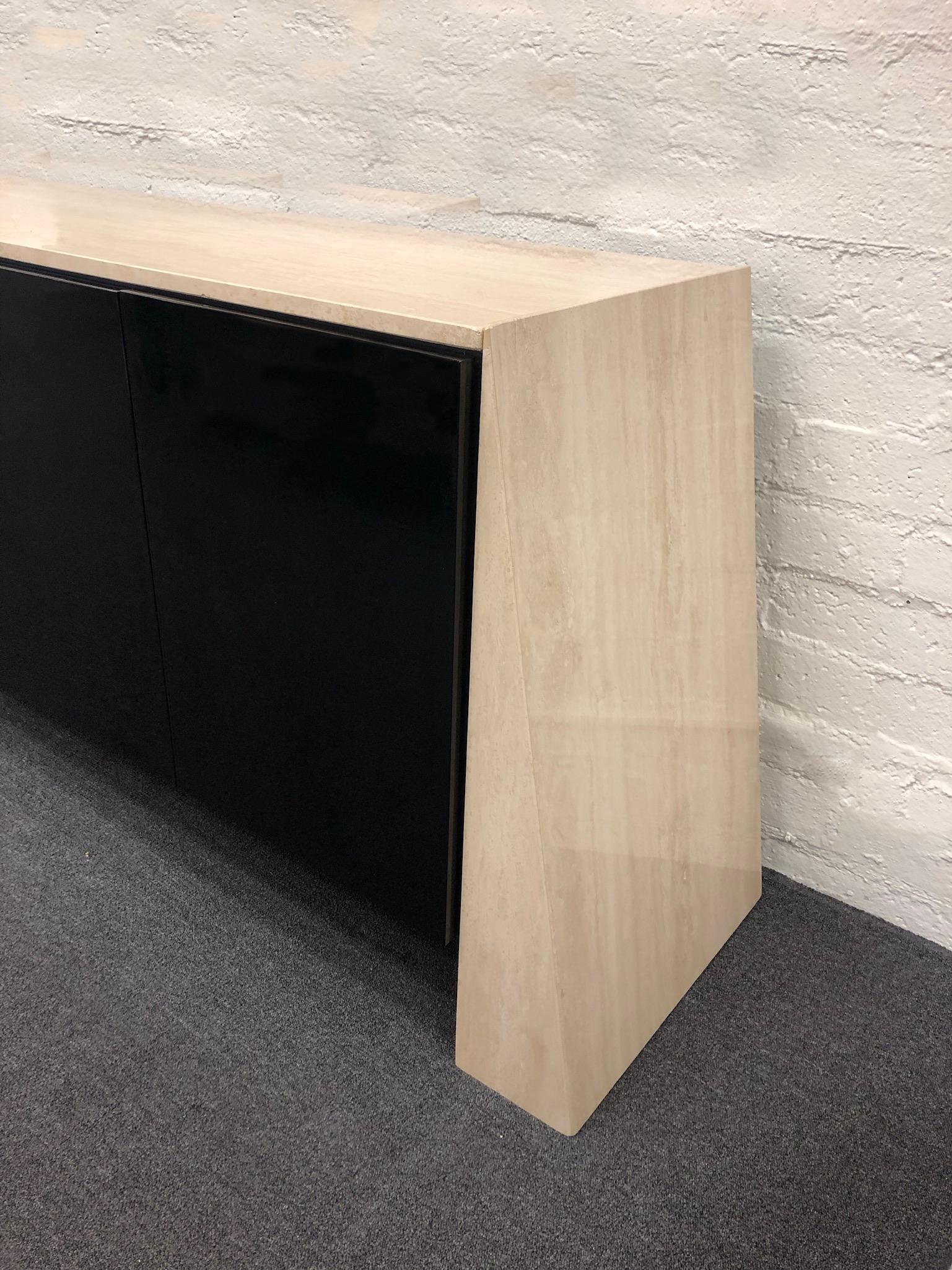 Italian Travertine and Black Lacquered Credenza In Excellent Condition In Palm Springs, CA