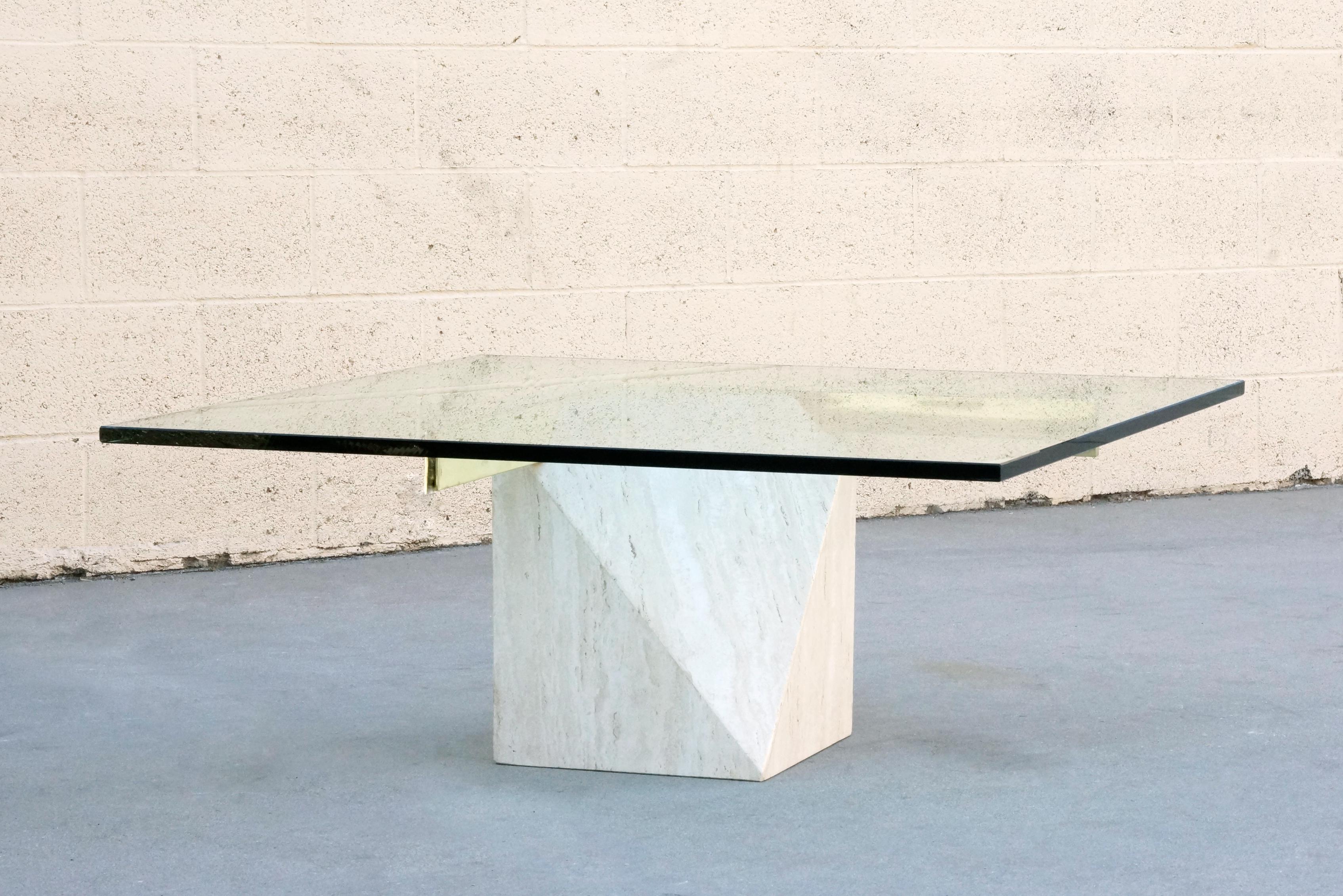 Italian Travertine and Brass Coffee Table by Artedi In Good Condition In Alhambra, CA