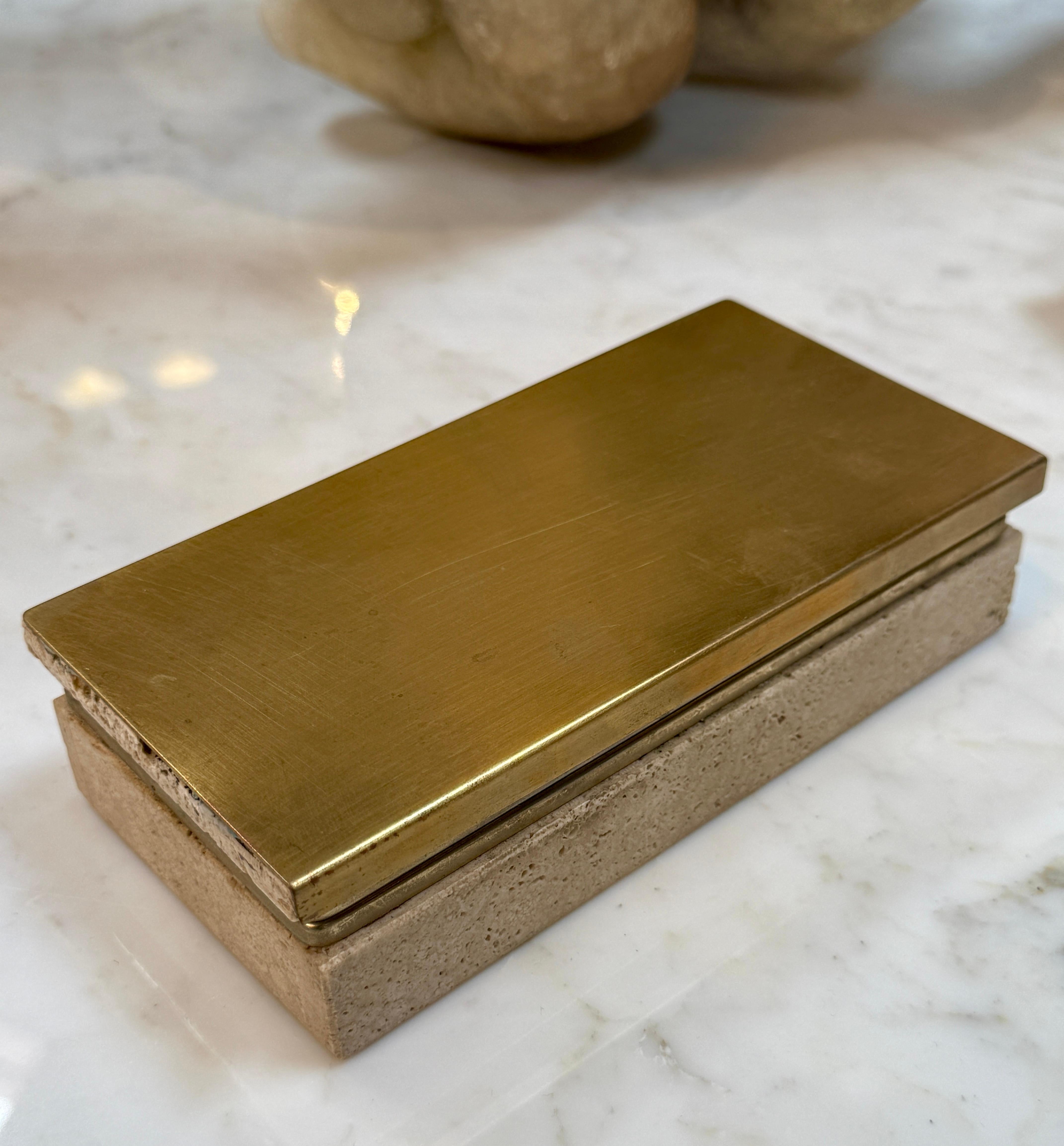 Modern Italian Travertine and Brass Decorative Box For Sale