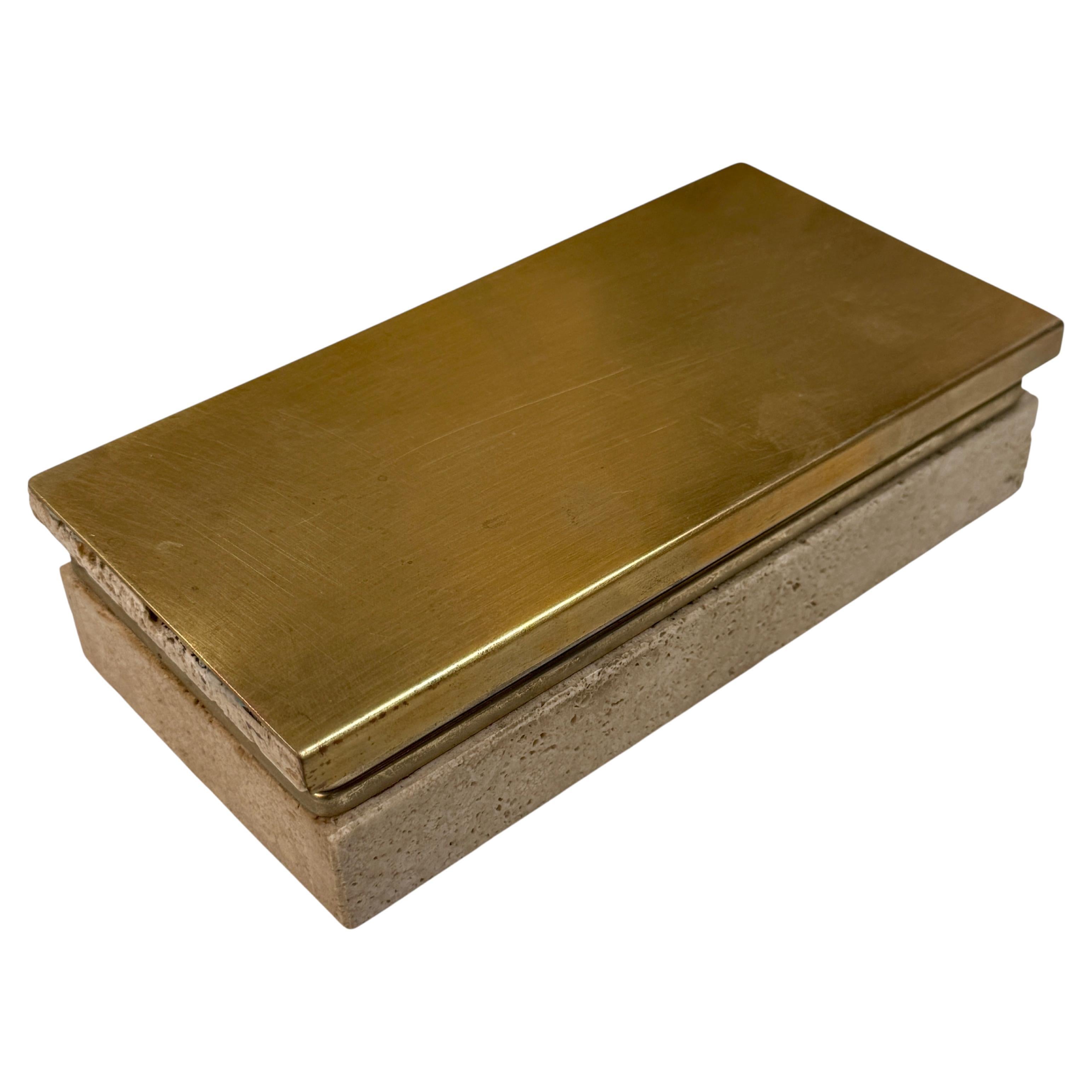 Italian Travertine and Brass Decorative Box For Sale