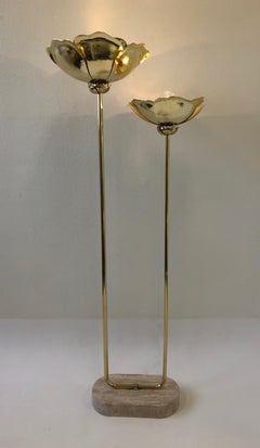 Italian Travertine and Brass Flower Floor Lamp by Tommaso Barbi