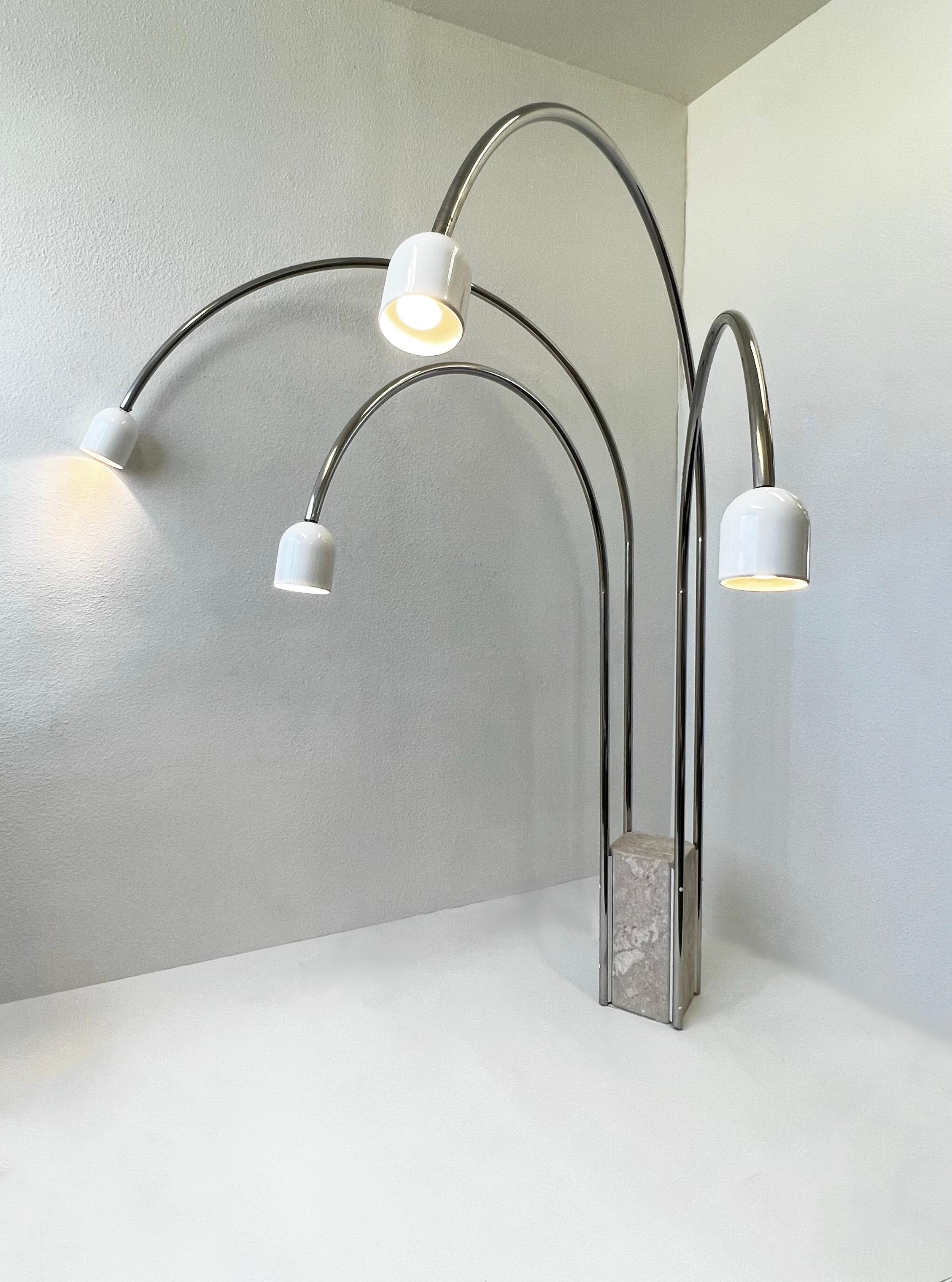 Modern Italian Travertine and Chrome Four Arm Arch Floor Lamp by Goffredo Reggiani For Sale
