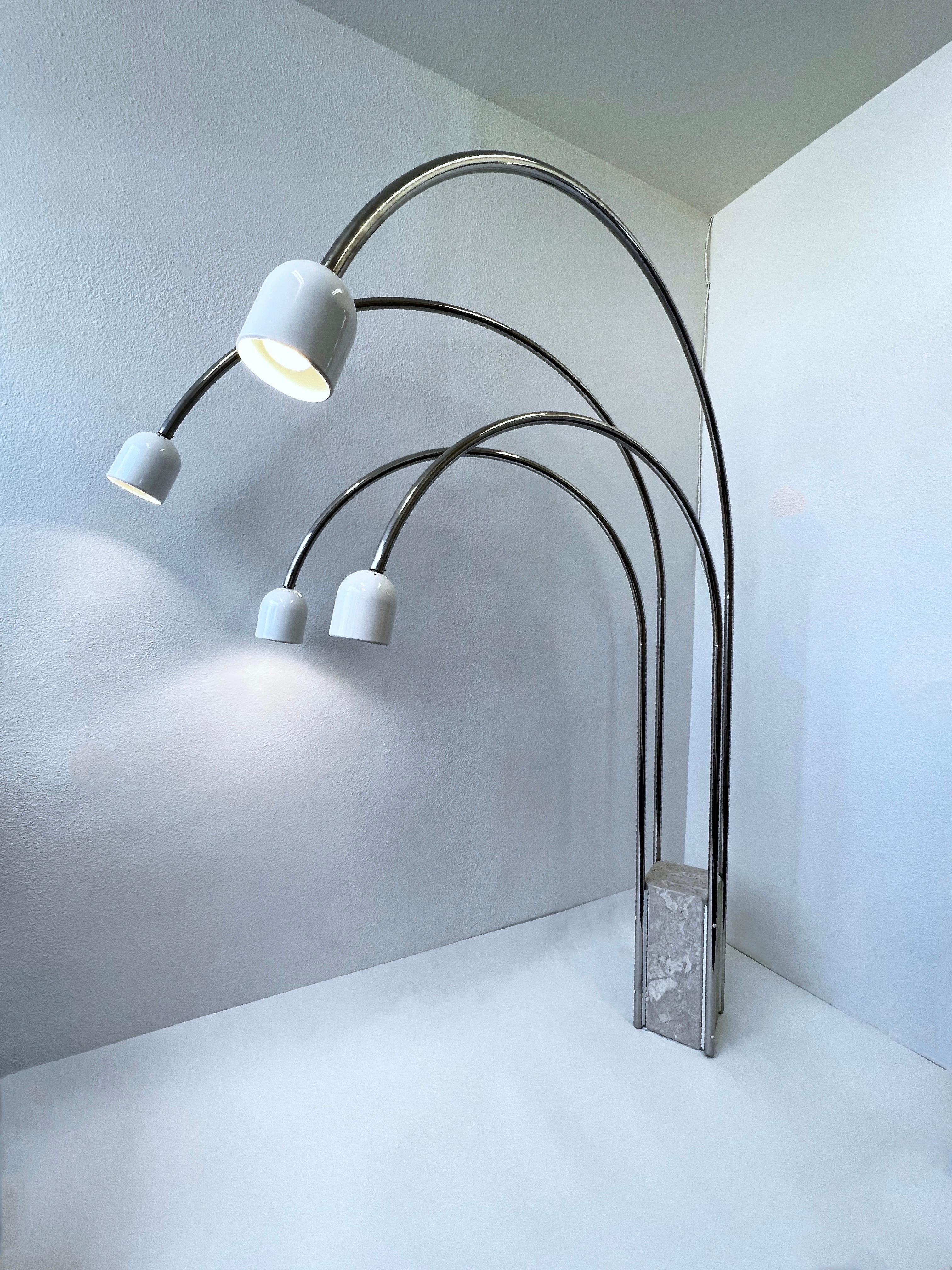 Polished Italian Travertine and Chrome Four Arm Arch Floor Lamp by Goffredo Reggiani For Sale