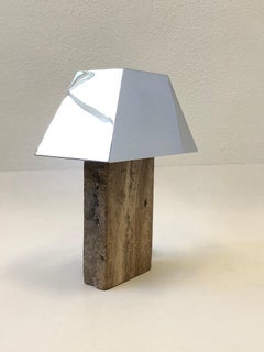 Italian Travertine and Chrome Table Lamp in the Style of Karl Springer