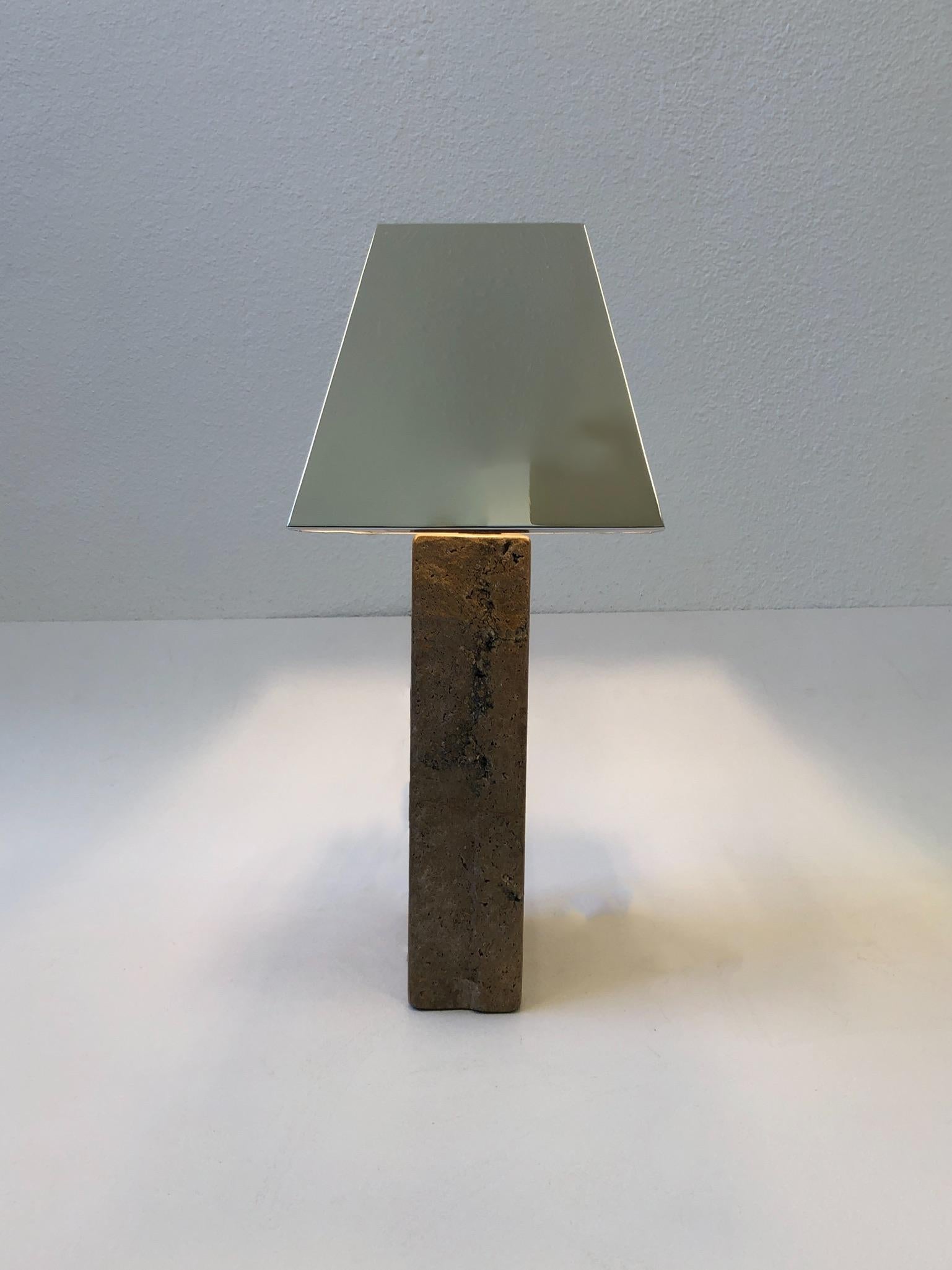 Modern Italian Travertine and Chrome Table Lamp in the Style of Karl Springer  For Sale