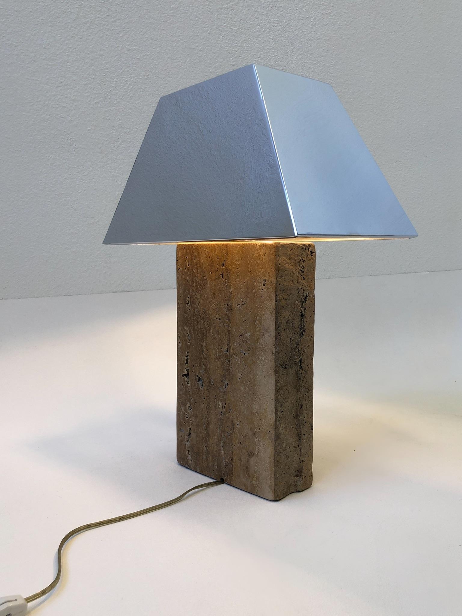 American Italian Travertine and Chrome Table Lamp in the Style of Karl Springer  For Sale