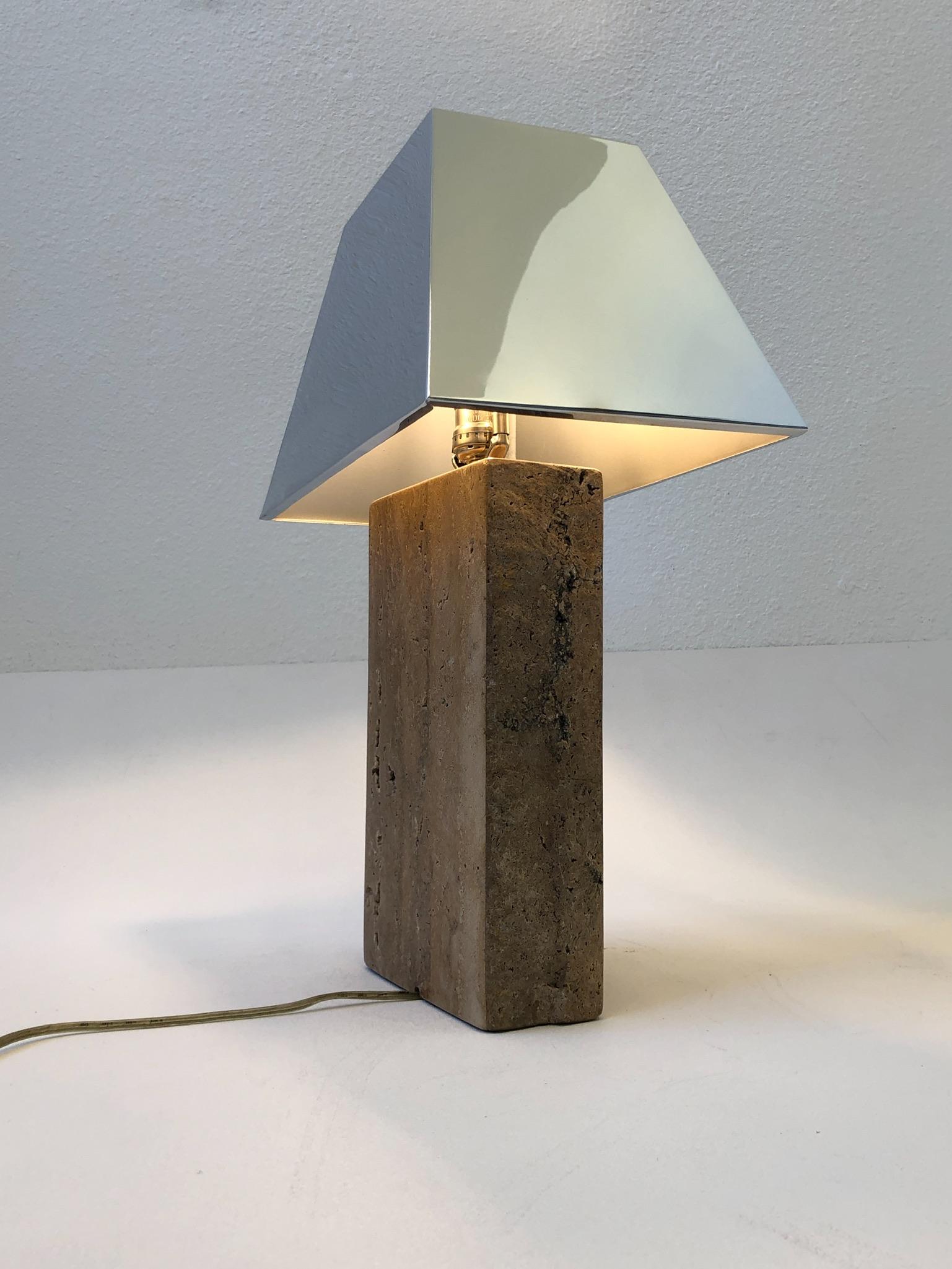 Polished Italian Travertine and Chrome Table Lamp in the Style of Karl Springer  For Sale