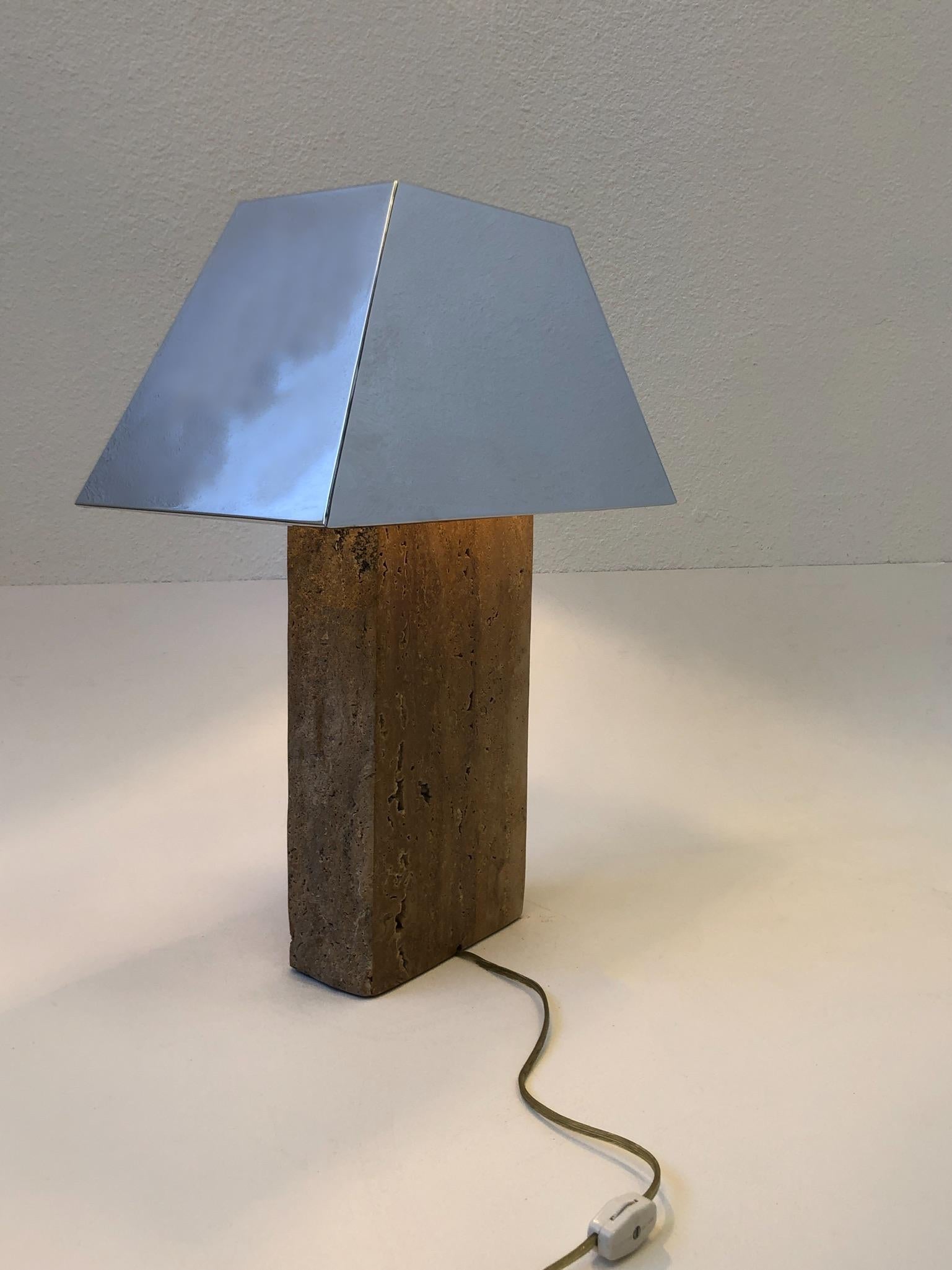 Italian Travertine and Chrome Table Lamp in the Style of Karl Springer  In Excellent Condition For Sale In Palm Springs, CA