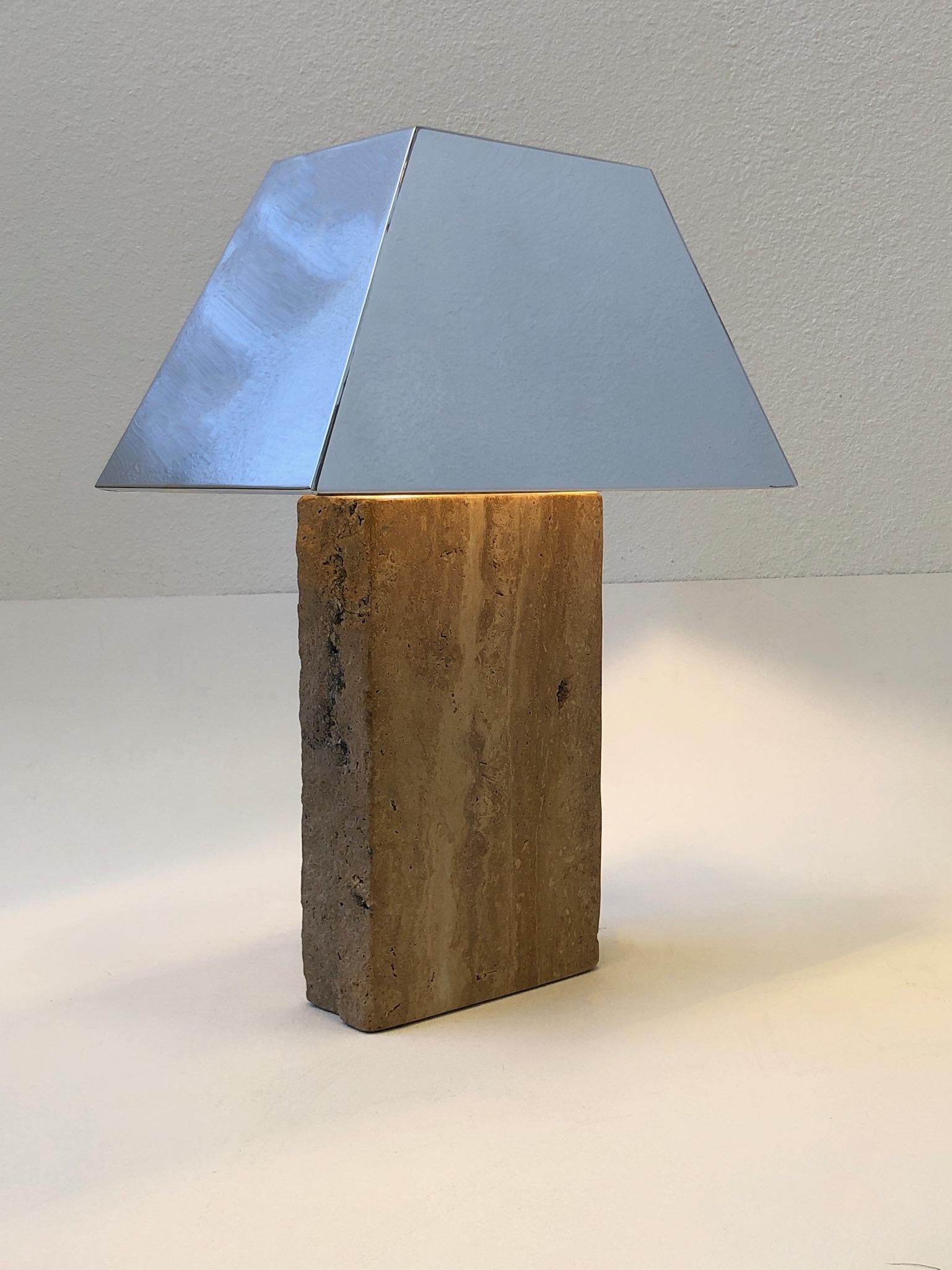 Italian Travertine and Chrome Table Lamp in the Style of Karl Springer  For Sale 1