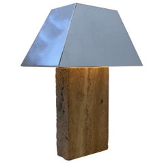 Italian Travertine and Chrome Table Lamp in the Style of Karl Springer