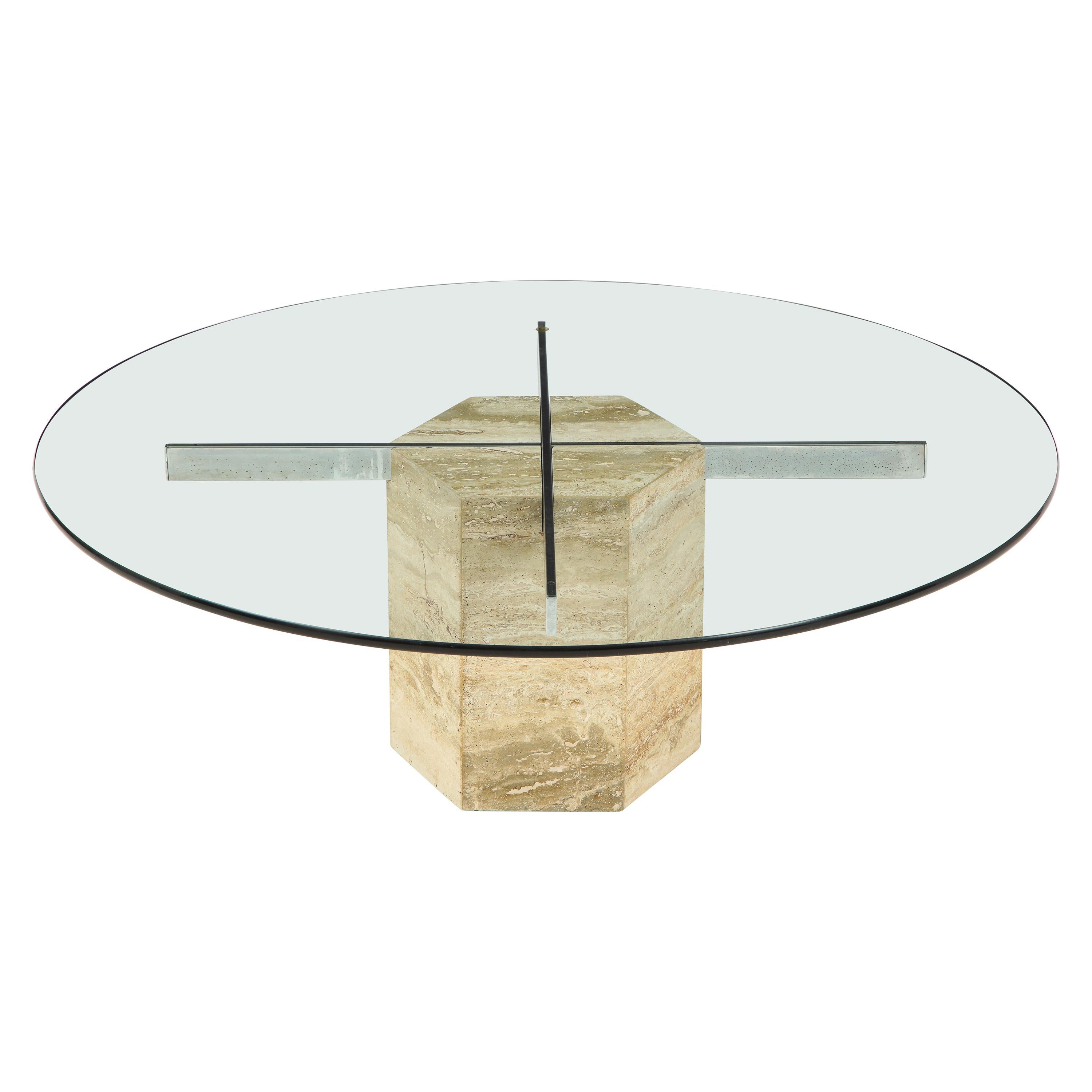 Italian Travertine and Glass Circular Coffee Table