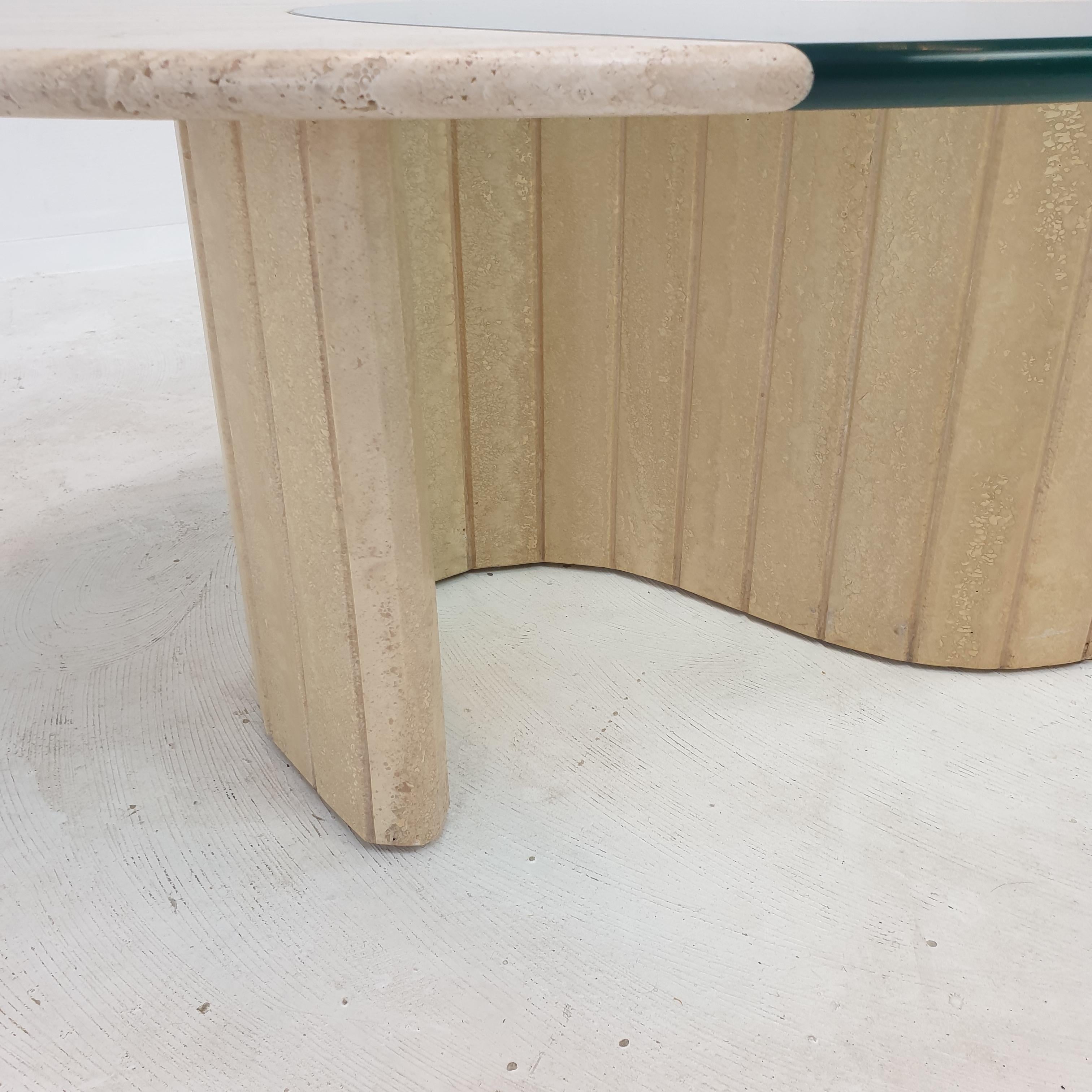 Italian Travertine and Glass Coffee Table, 1980's For Sale 6