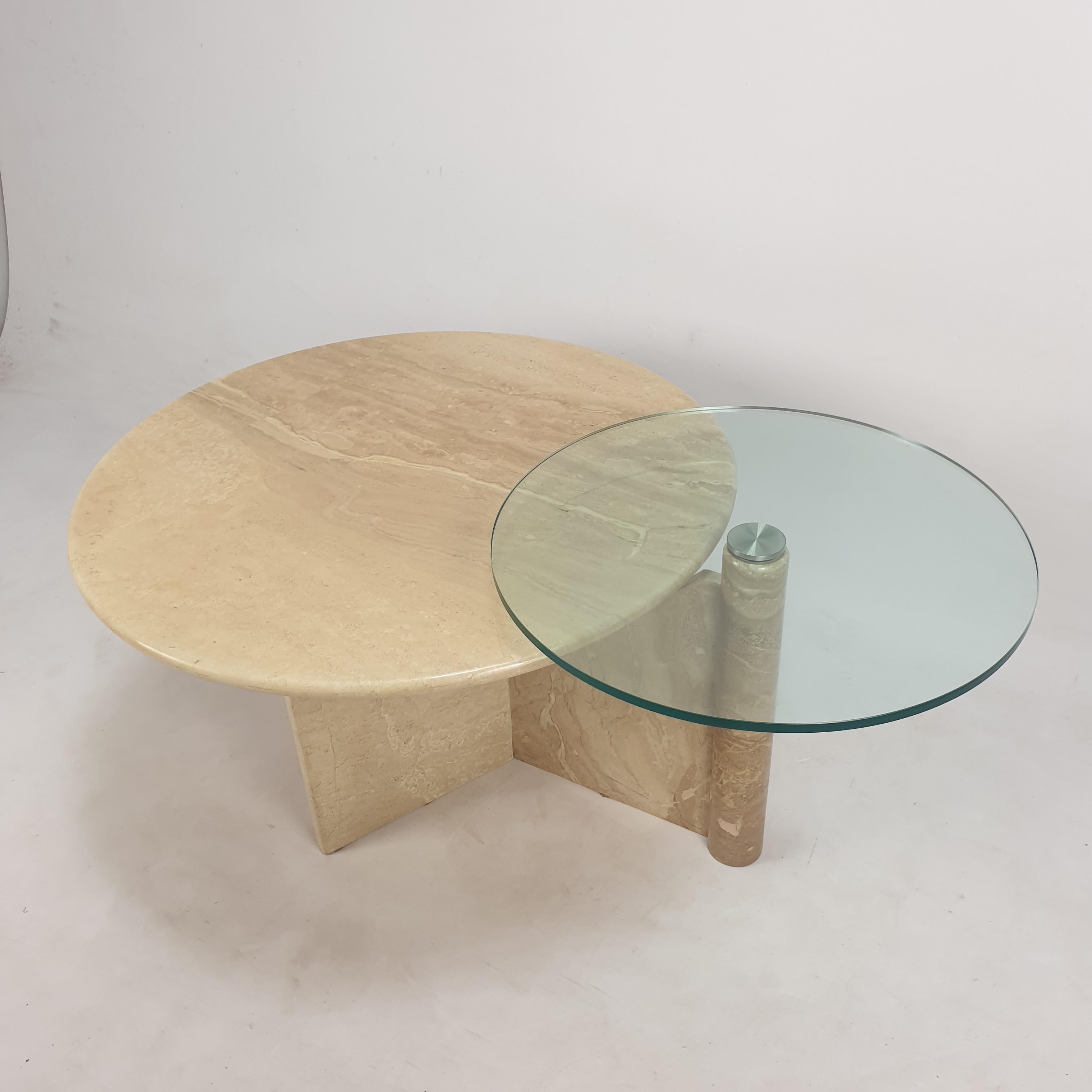 Italian Travertine and Glass Coffee Table, 1980s For Sale 7