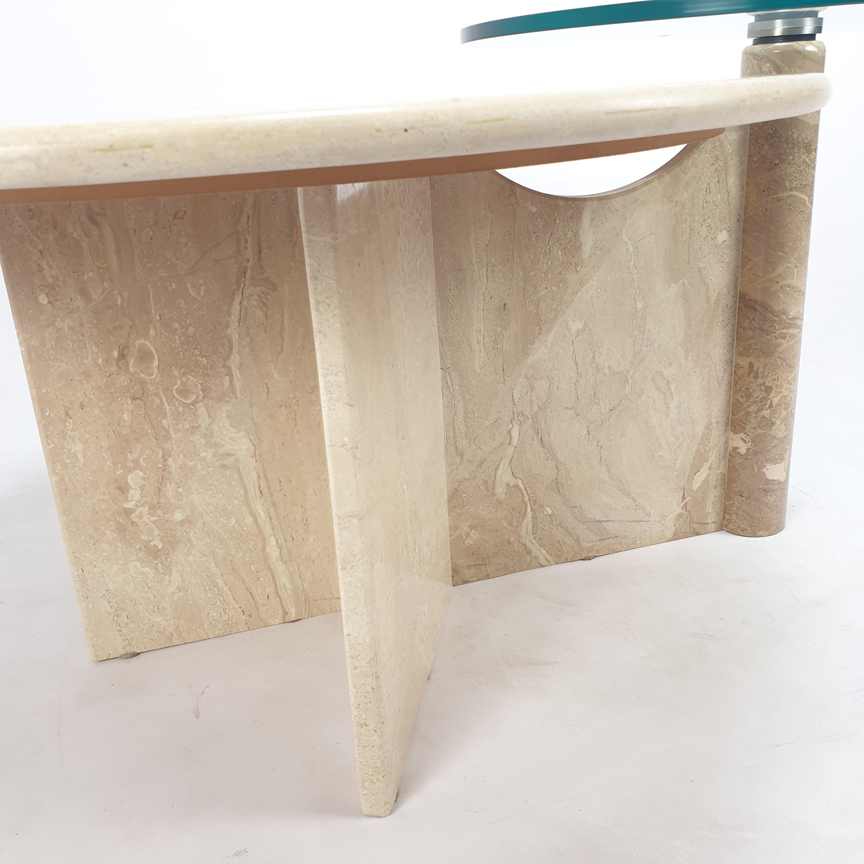 Italian Travertine and Glass Coffee Table, 1980s For Sale 12