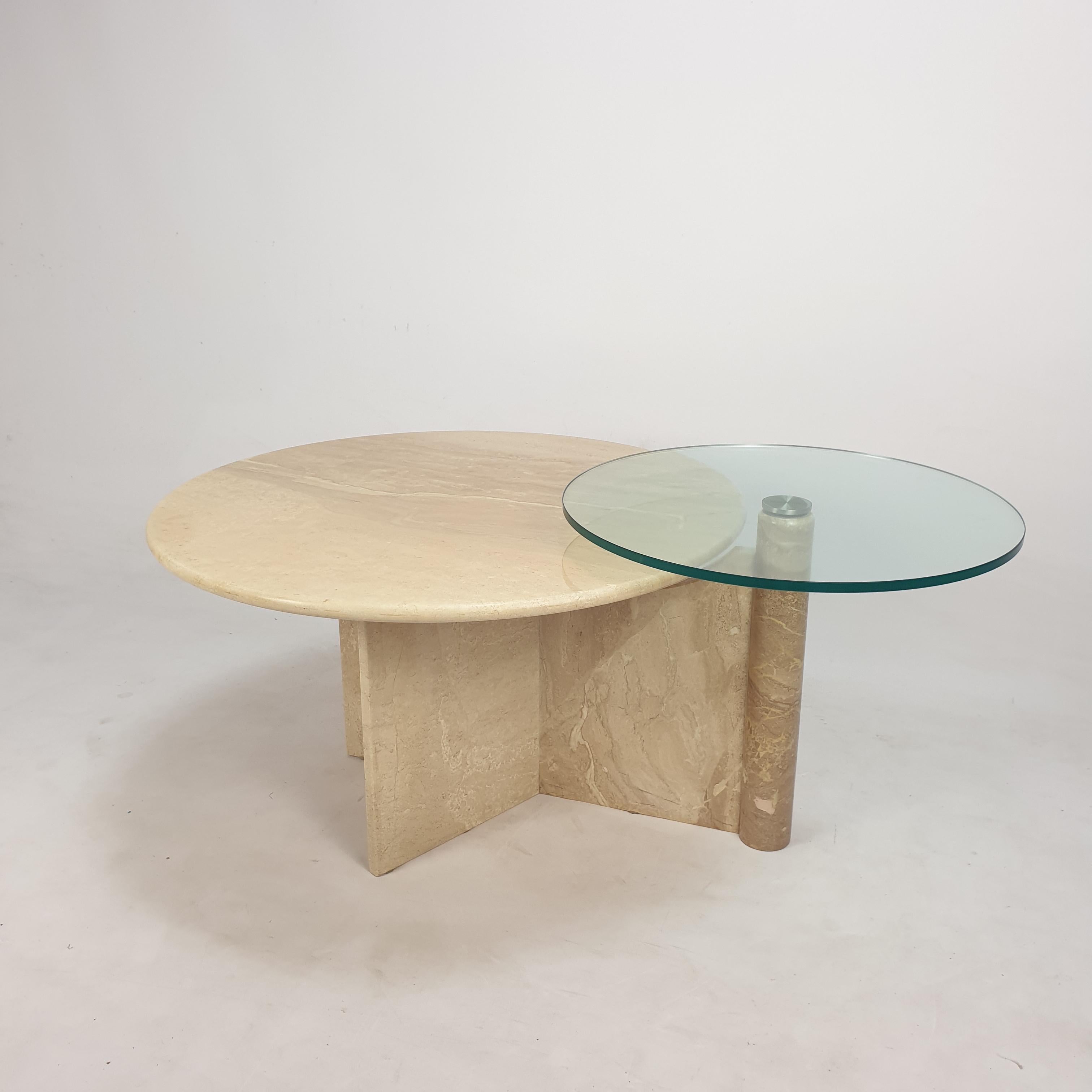 Mid-Century Modern Italian Travertine and Glass Coffee Table, 1980s For Sale