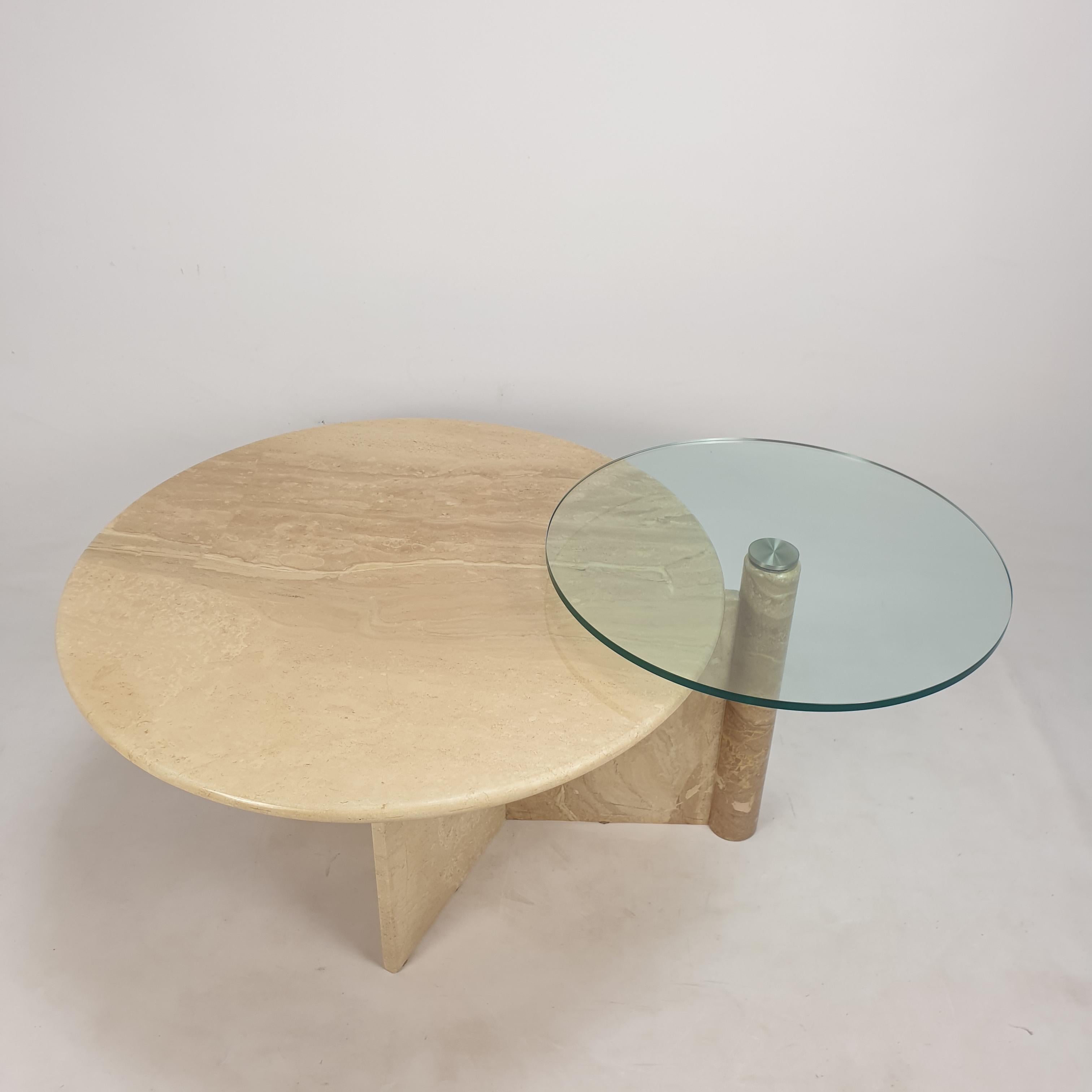Late 20th Century Italian Travertine and Glass Coffee Table, 1980s For Sale