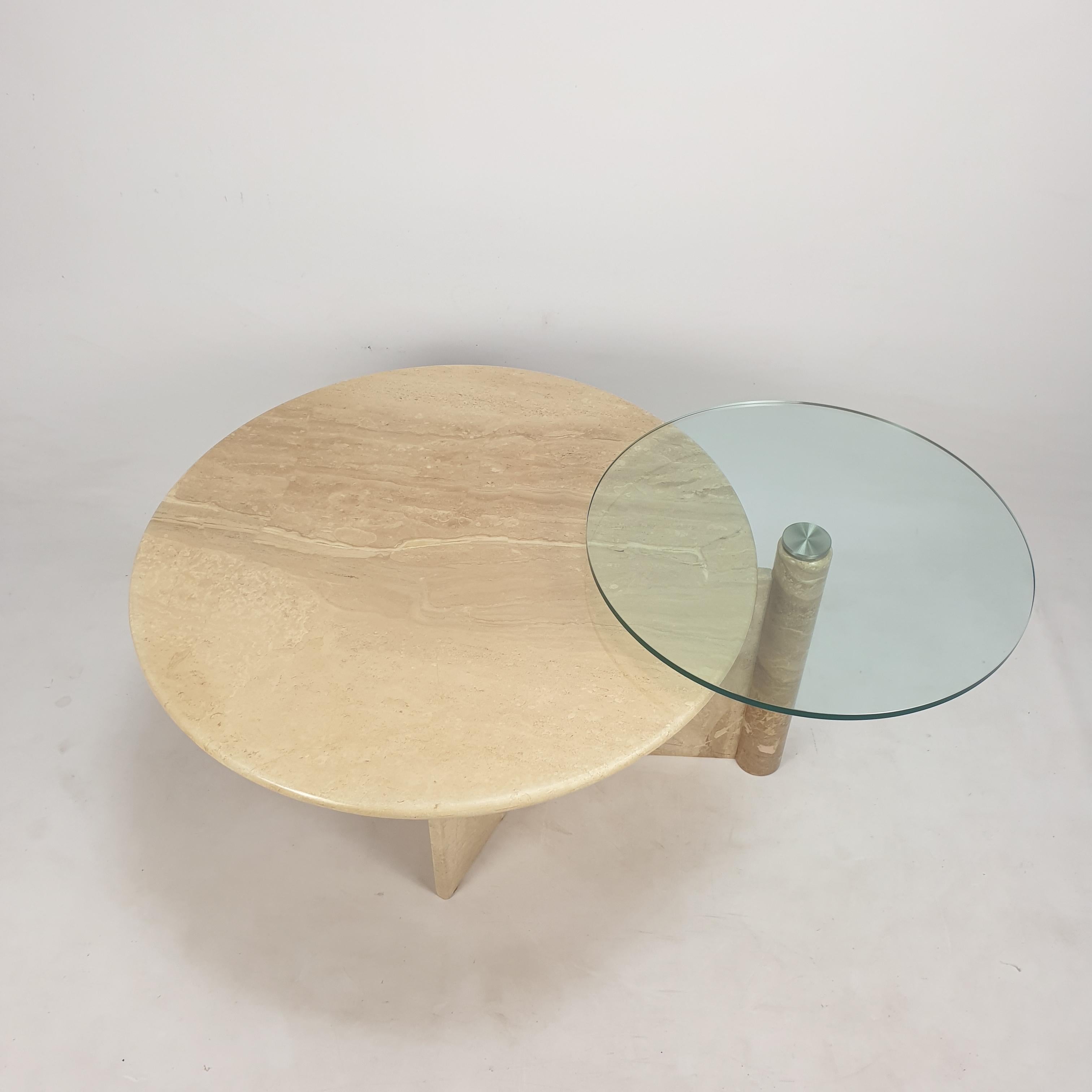 Italian Travertine and Glass Coffee Table, 1980s For Sale 1