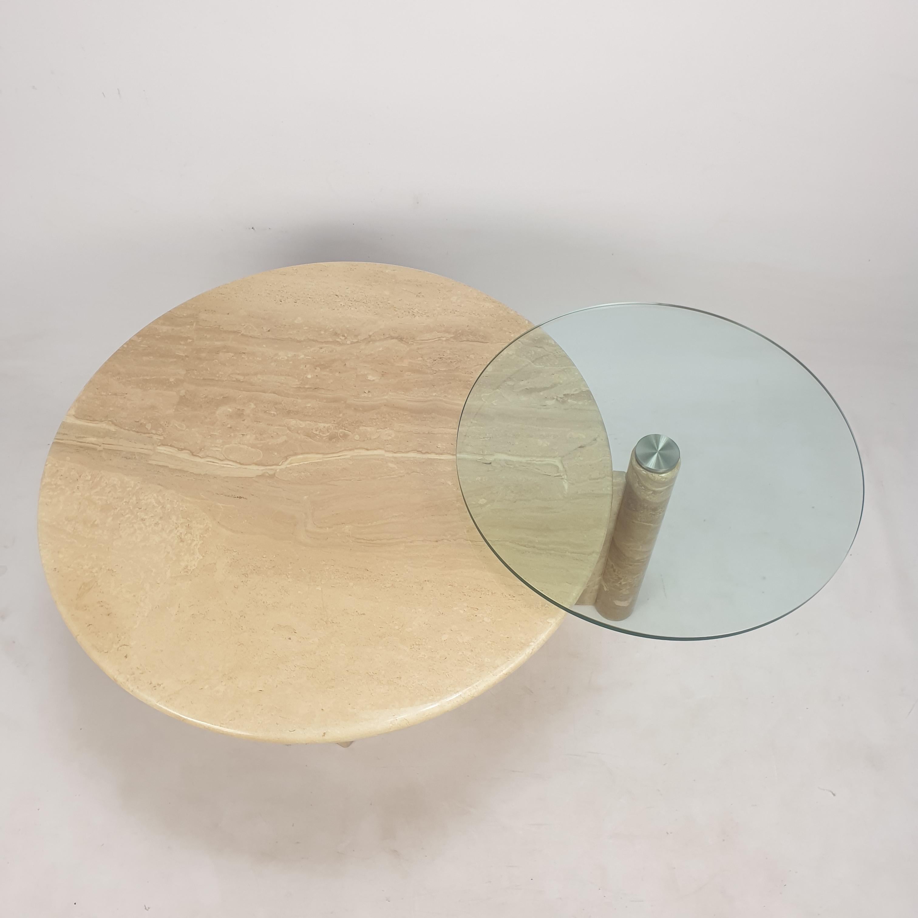 Italian Travertine and Glass Coffee Table, 1980s For Sale 2