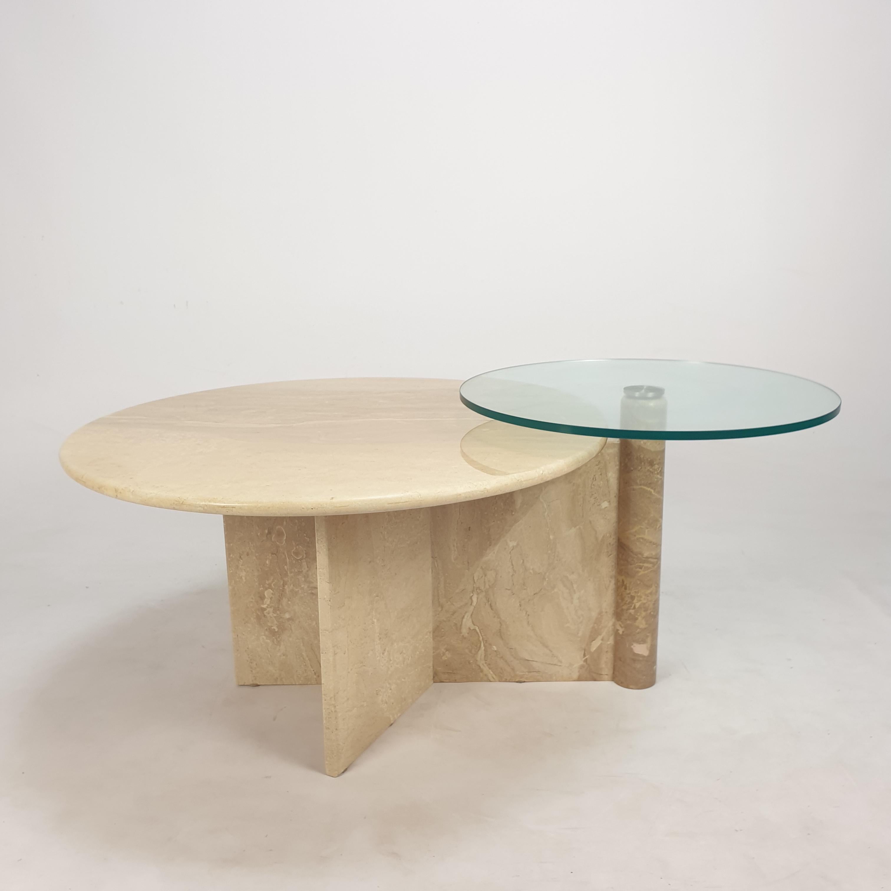 Italian Travertine and Glass Coffee Table, 1980s For Sale 3