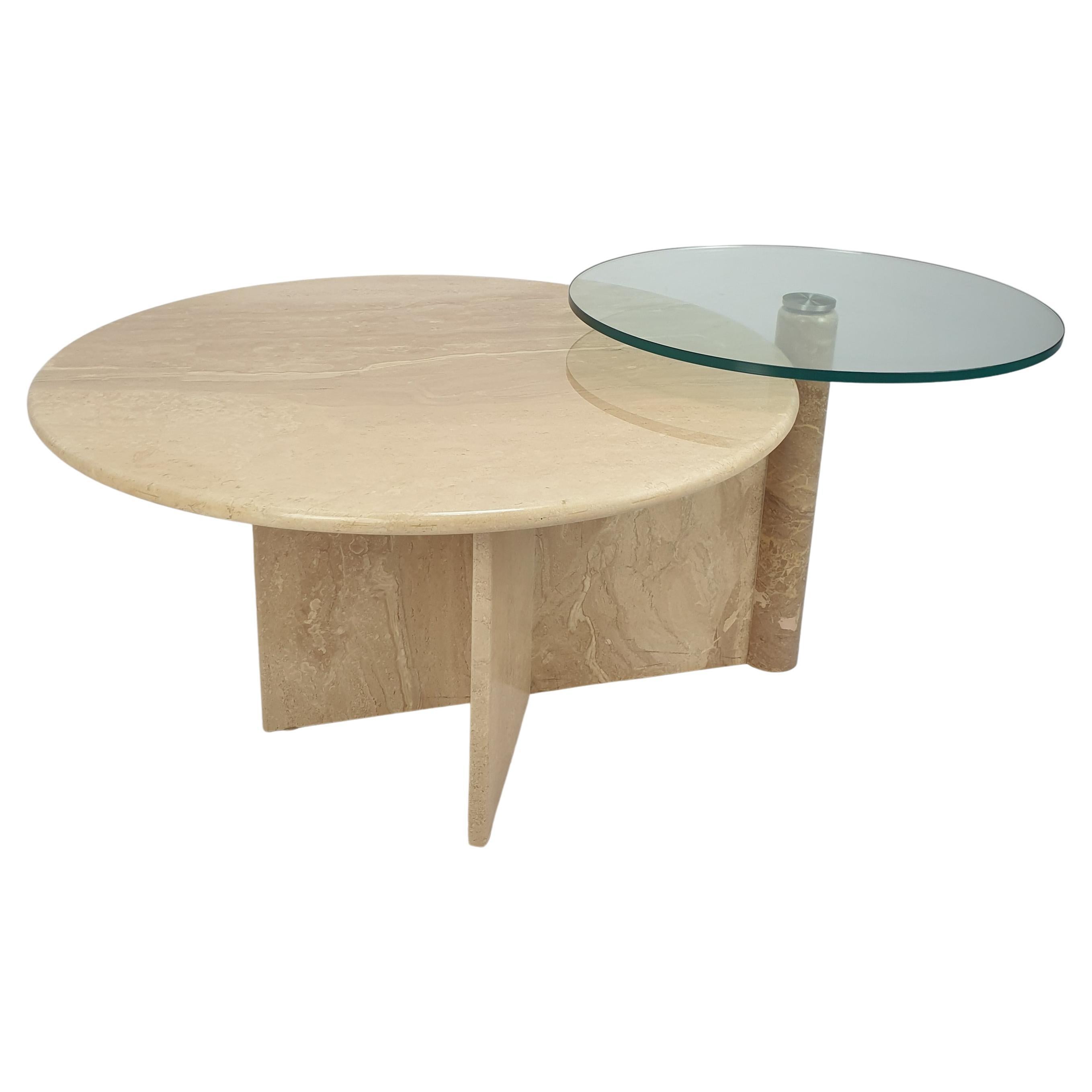 Table basse italienne en travertin et verre, années 1980