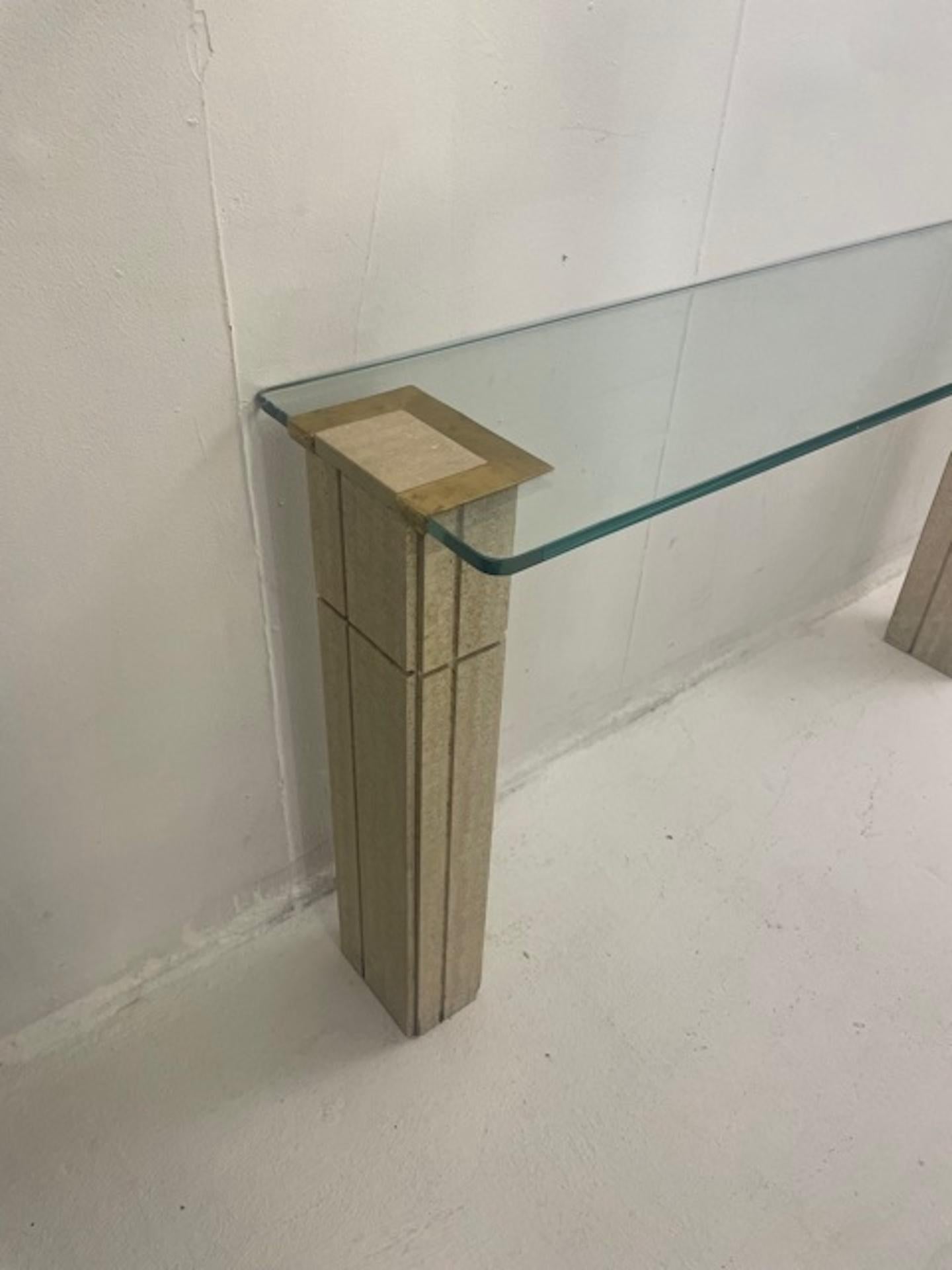 Mid-Century Modern Italian Travertine and Glass Console, 1970s For Sale