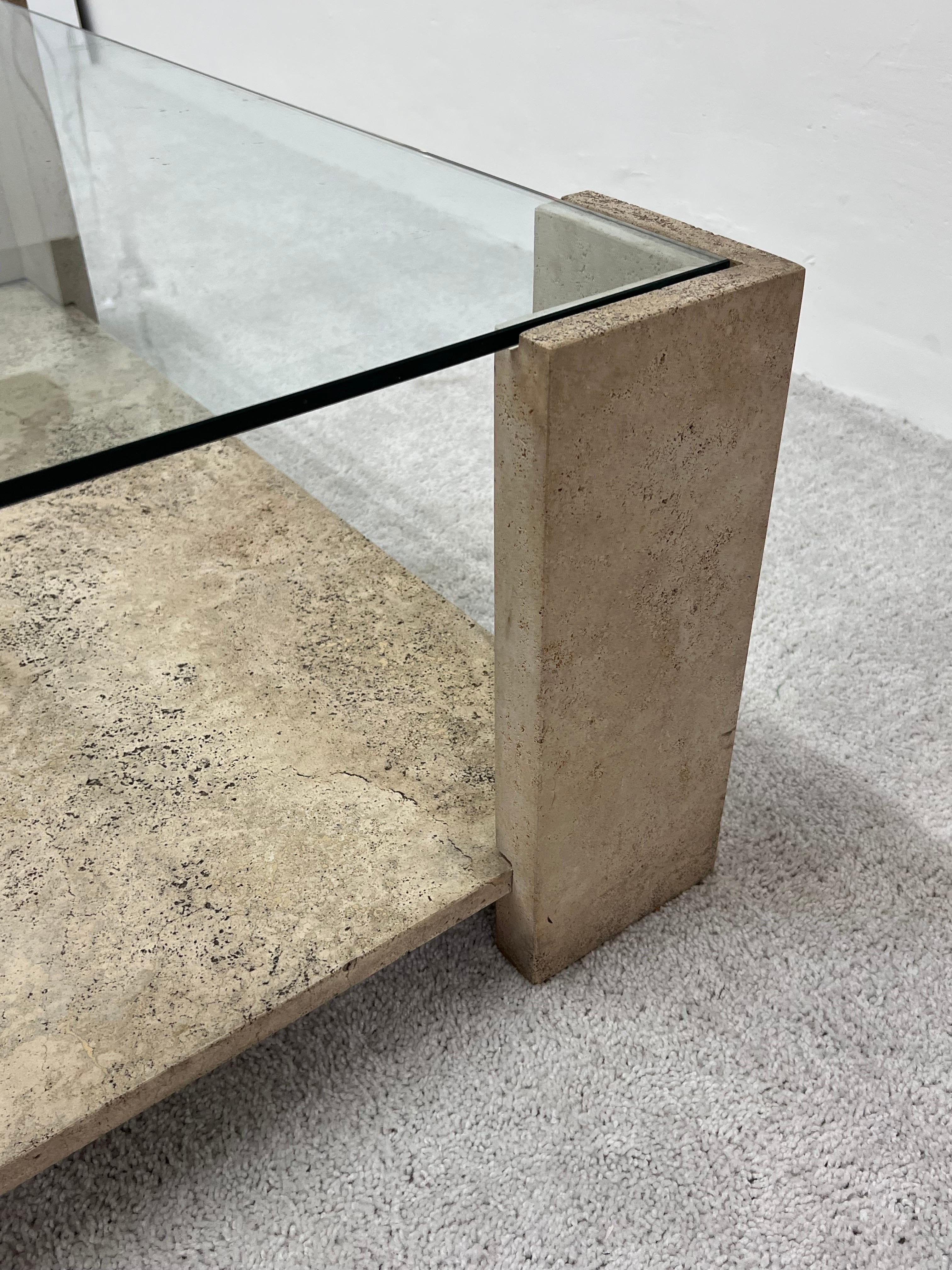 Italian Travertine and Glass Top Coffee Table, 1970s 6