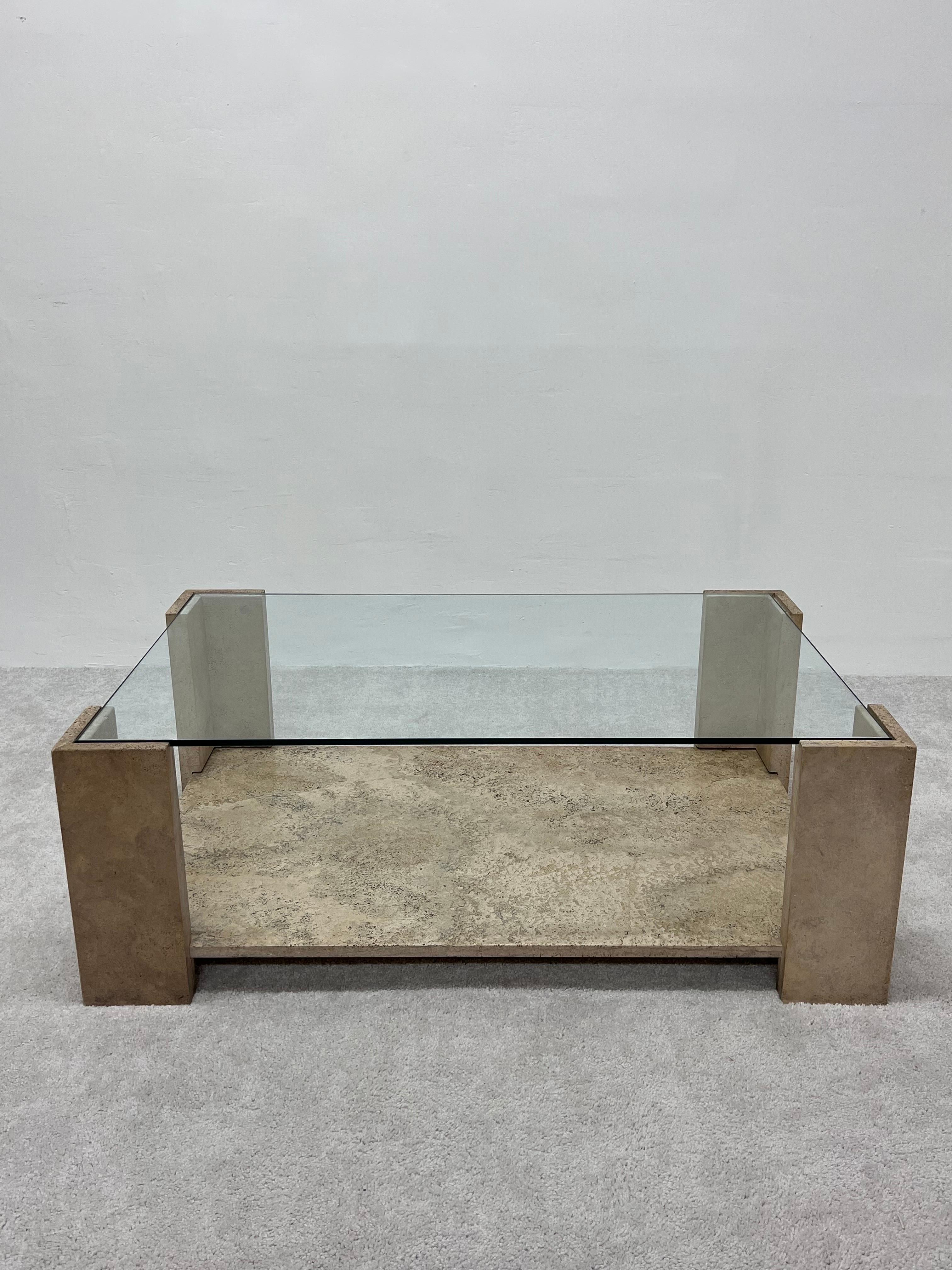 Italian travertine and inset glass top coffee or cocktail table from the 1970s.