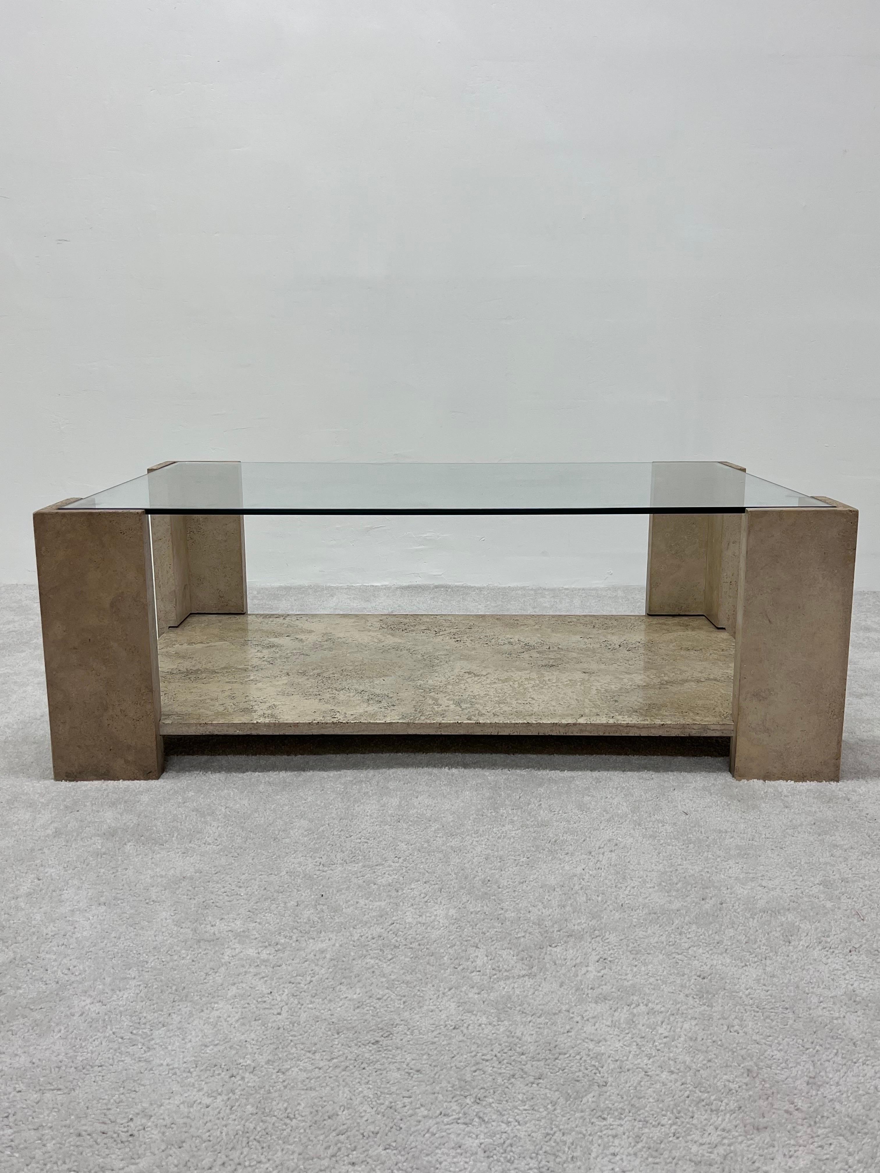20th Century Italian Travertine and Glass Top Coffee Table, 1970s