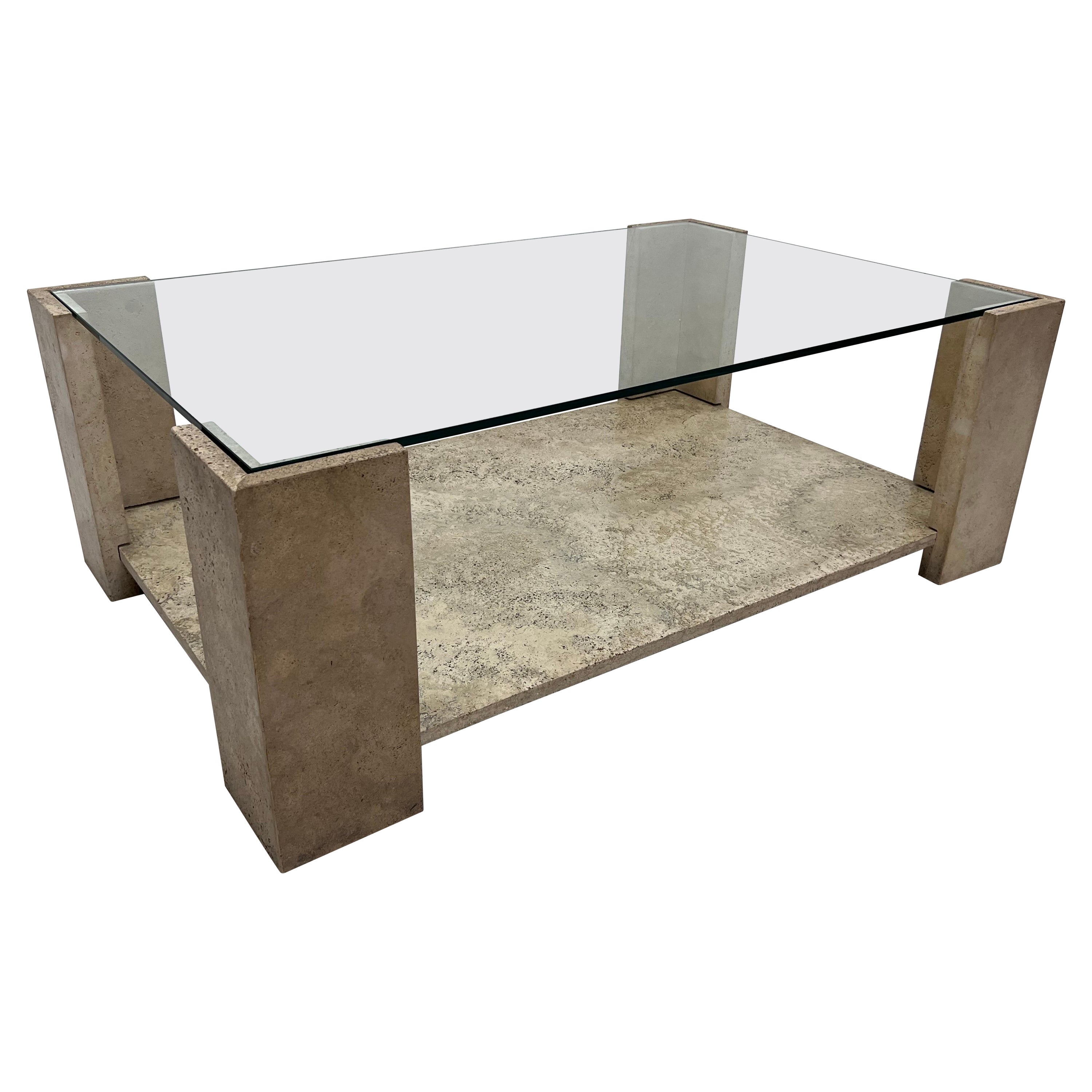 Italian Travertine and Glass Top Coffee Table, 1970s