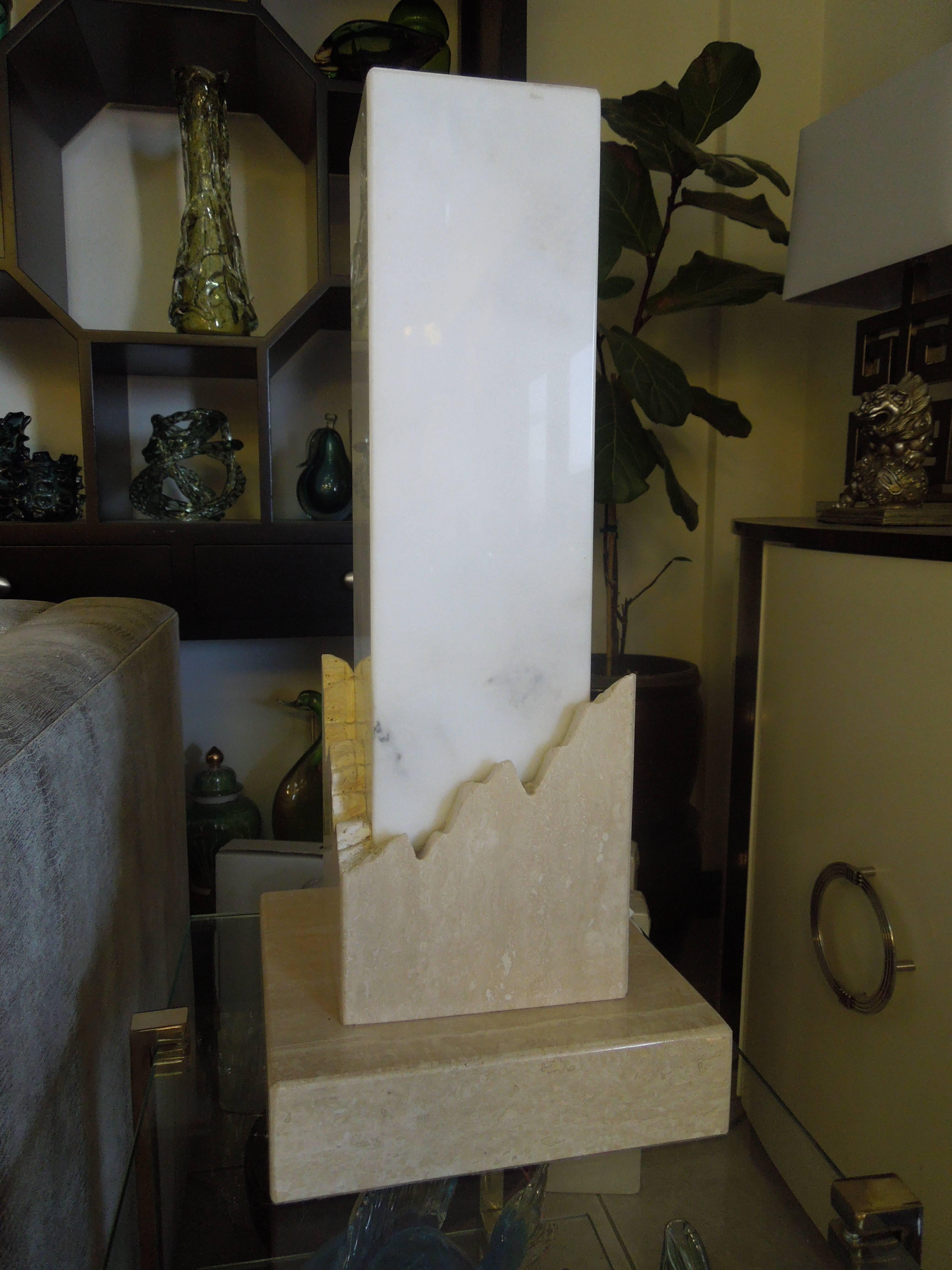 Hand-Crafted Vintage Brutaist Italian Travertine and Marble 1970s Modern Column Lamp Signed For Sale
