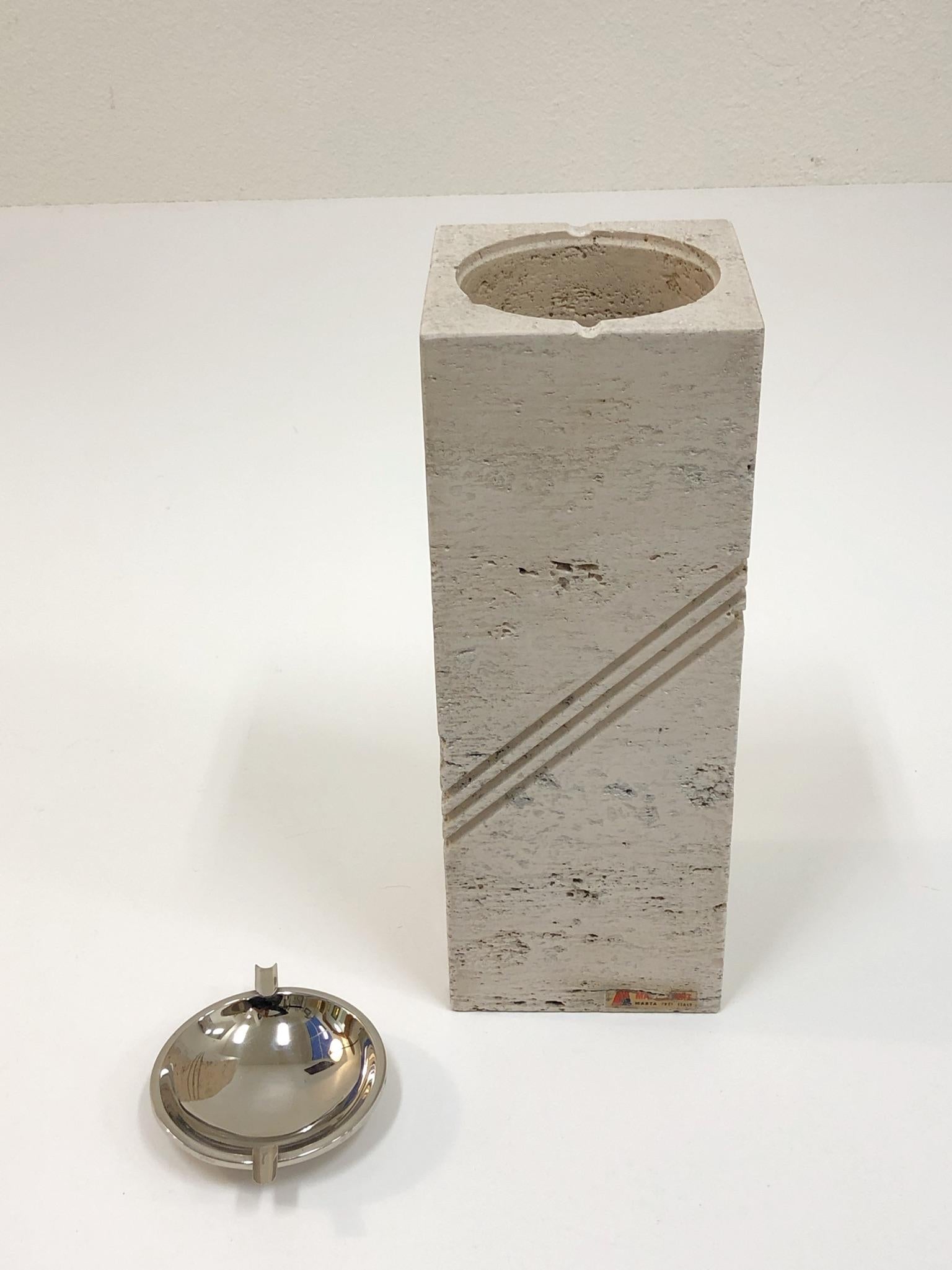 Modern Italian Travertine and Nickel Ashtray by Marble Art   For Sale