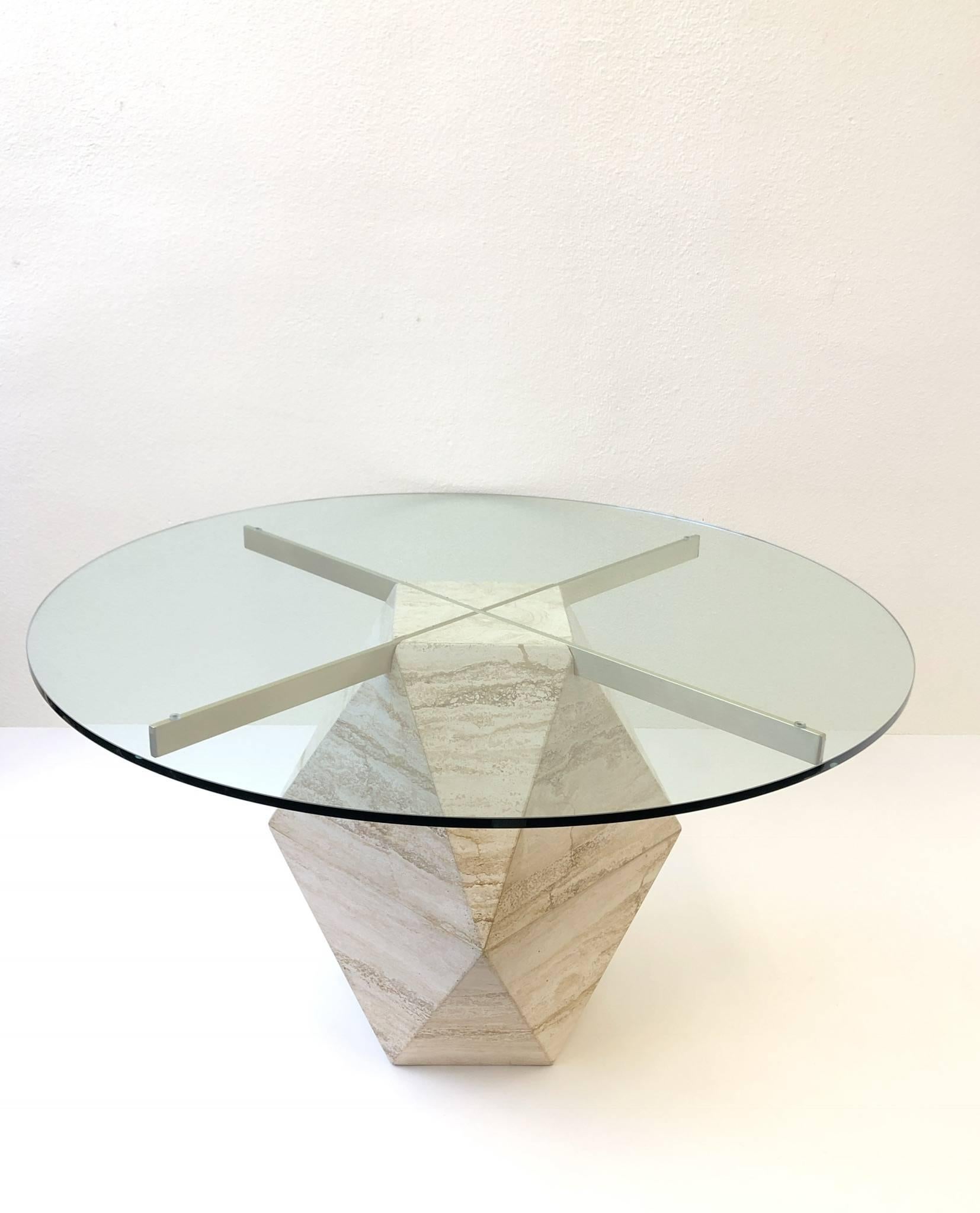 Italian Travertine and Satin Brass Dining Table by Artedi 2