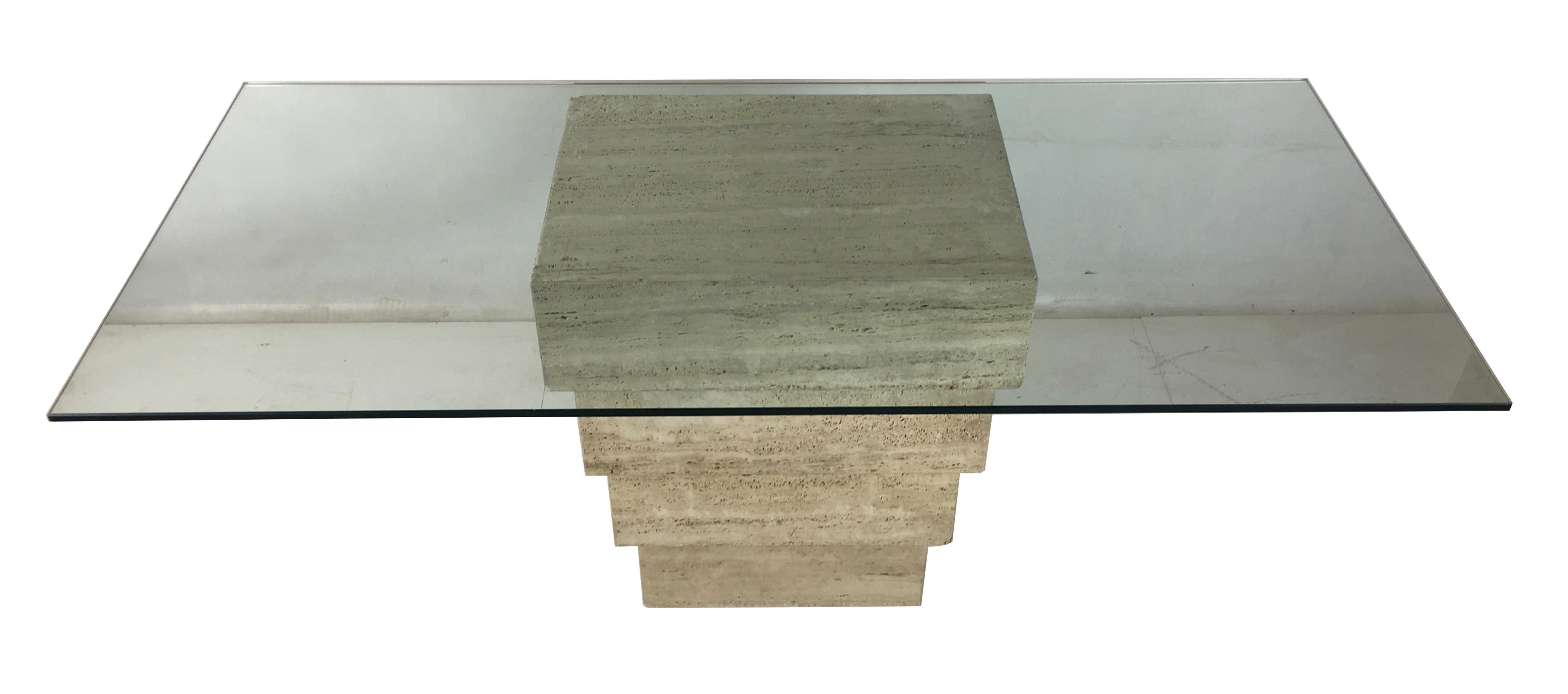 Large-scale 1970s Italian travertine writing table consisting of an inverted stack of travertine 