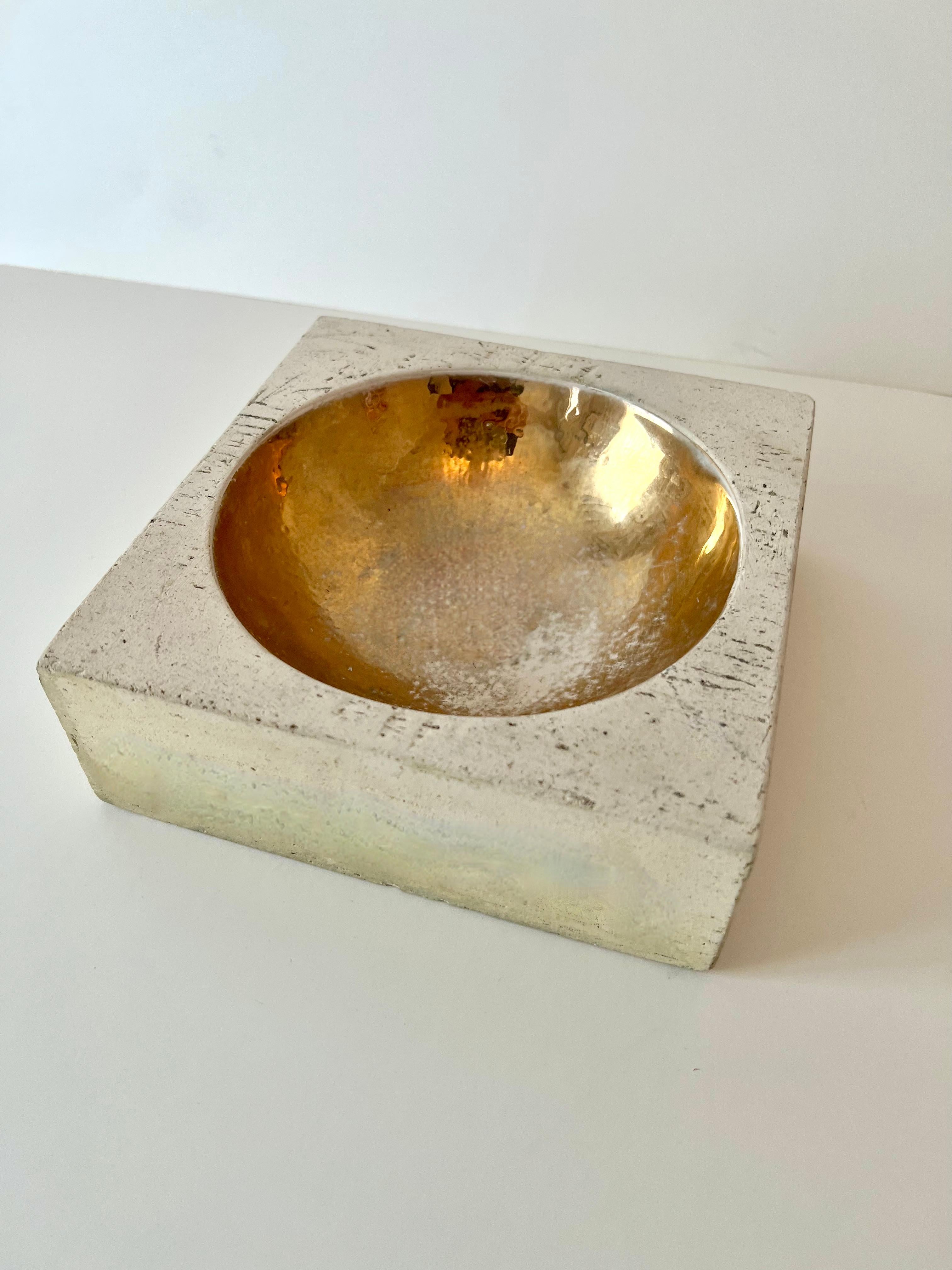 Mid-Century Modern Italian Travertine Bowl with Concave Gilt Interior in the Style of Tommaso Barbi For Sale