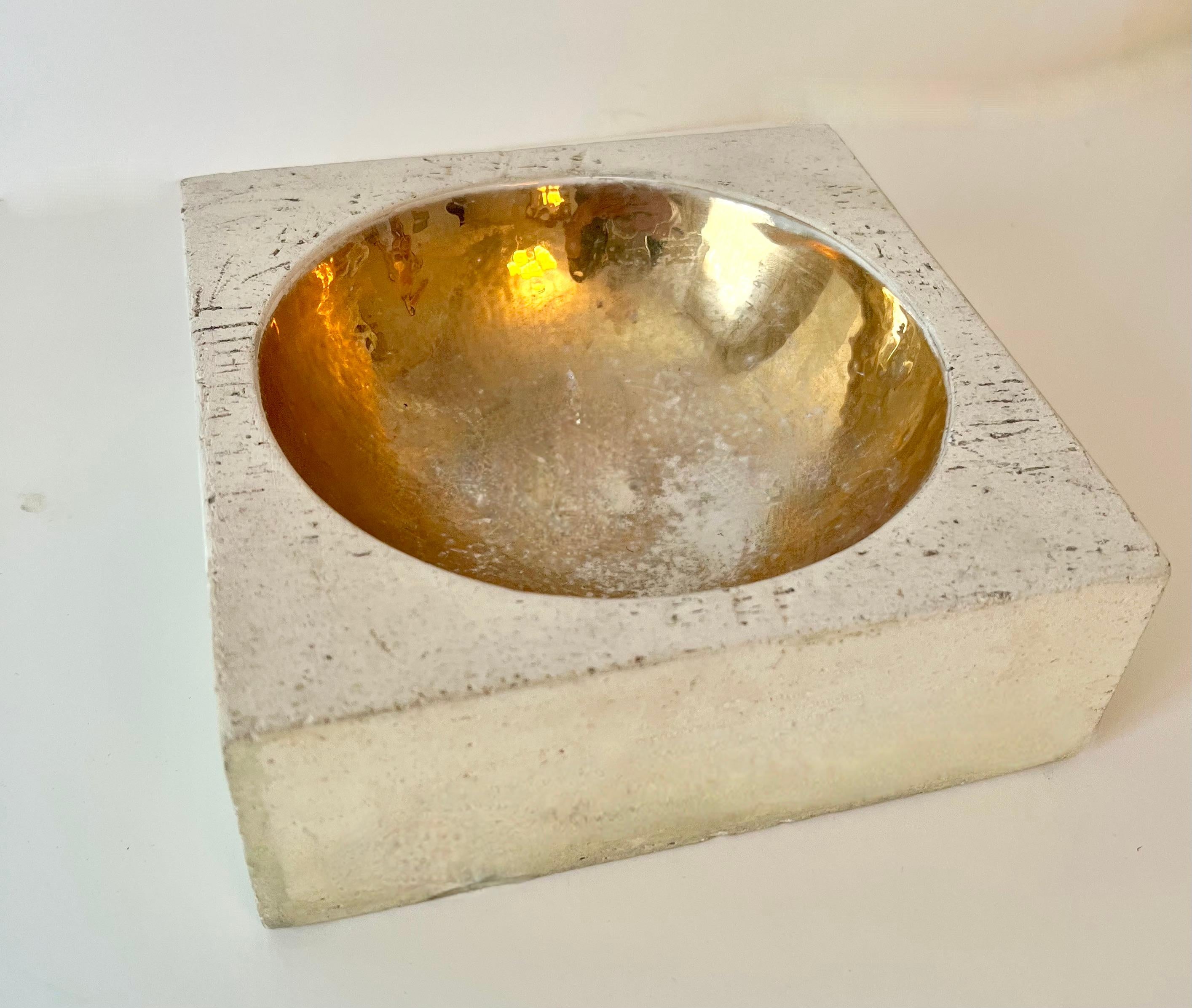 Italian Travertine Bowl with Concave Gilt Interior in the Style of Tommaso Barbi In Good Condition For Sale In Los Angeles, CA