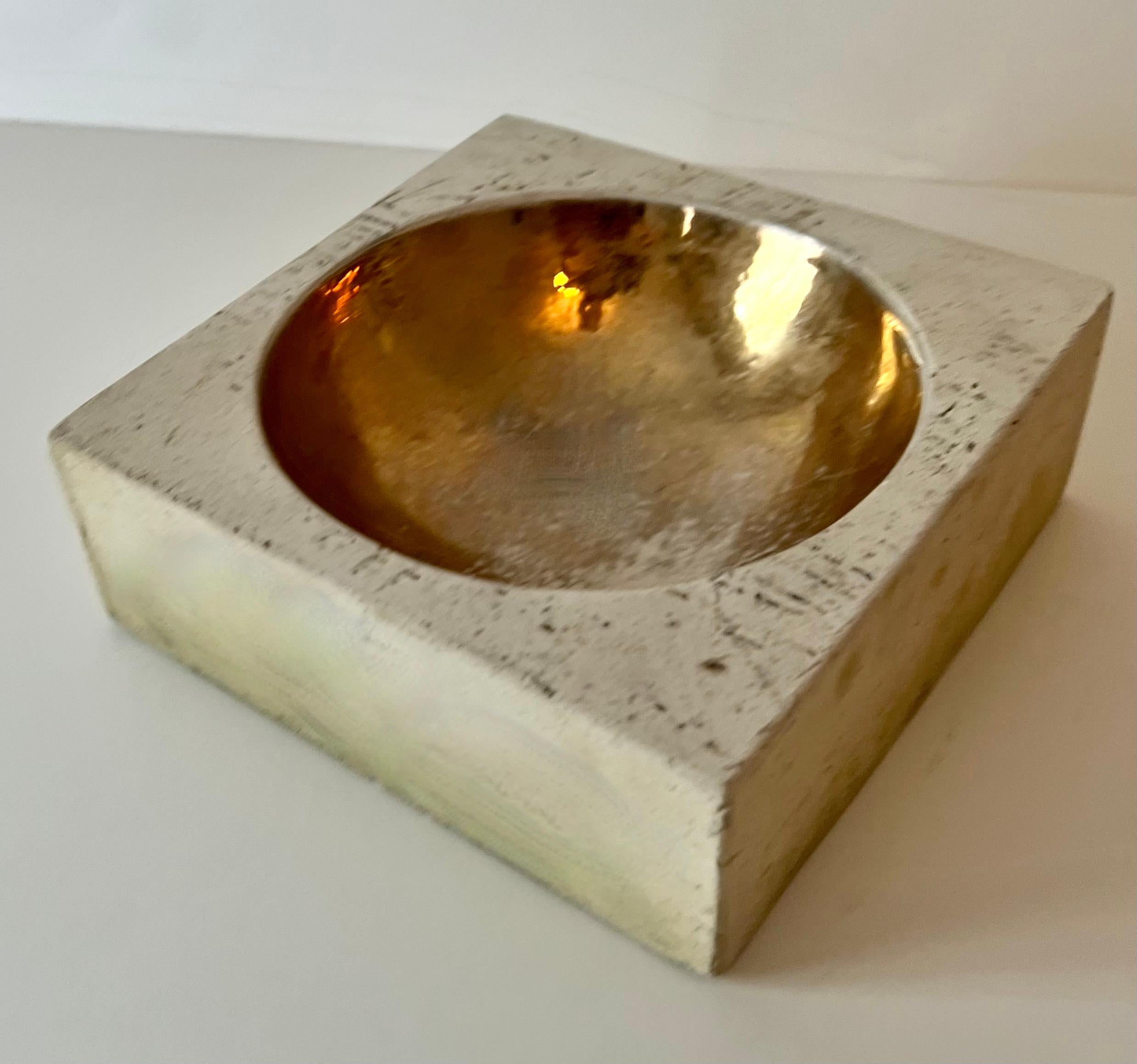 20th Century Italian Travertine Bowl with Concave Gilt Interior in the Style of Tommaso Barbi For Sale