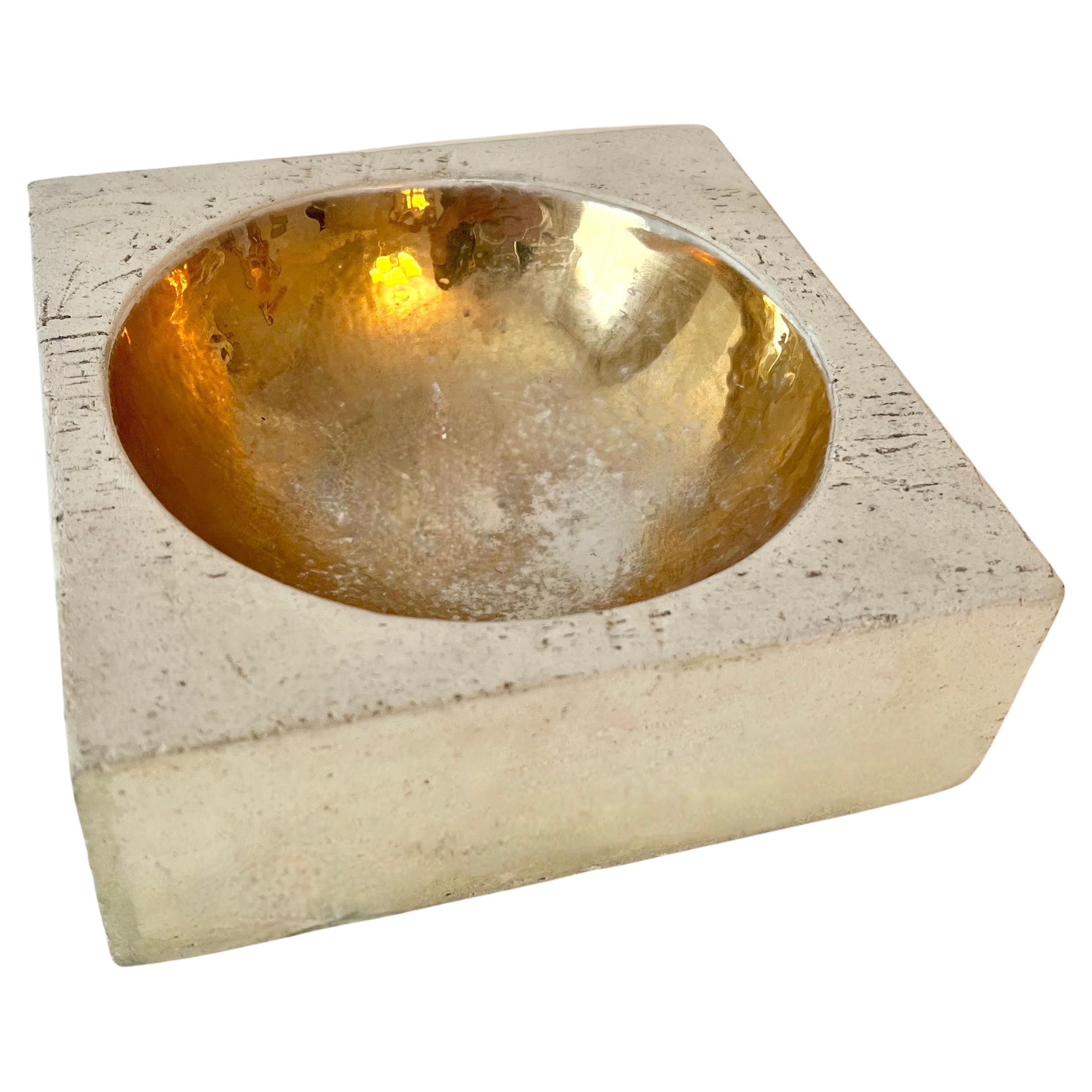 Italian Travertine Bowl with Concave Gilt Interior in the Style of Tommaso Barbi